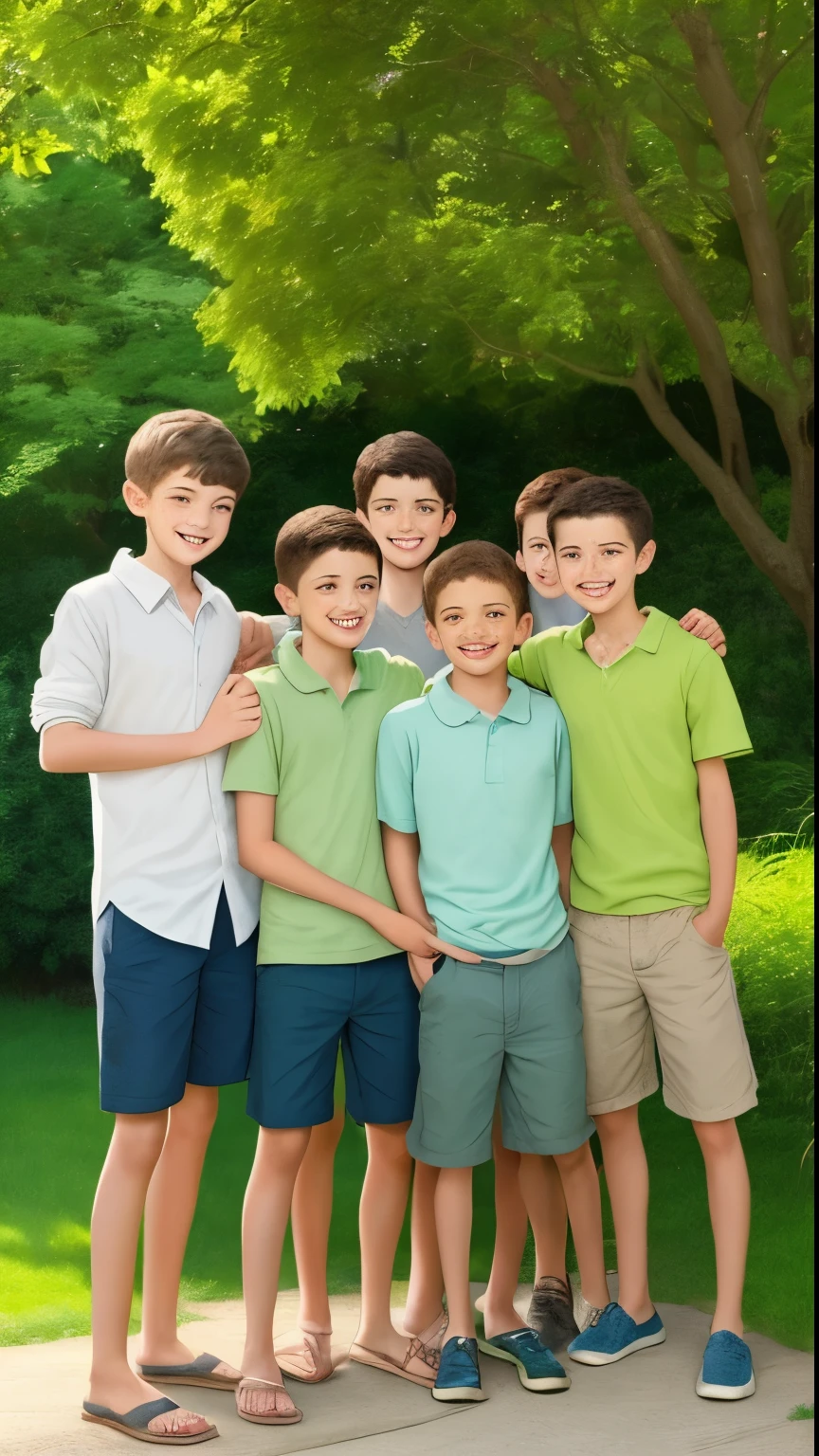 Picture of five boys together, one boy aged 25 years, one 20  years old, one 15 years old and one 11 years old,  The image should be very clean and clear, All together in a very happy mood and a beautiful green environment, 