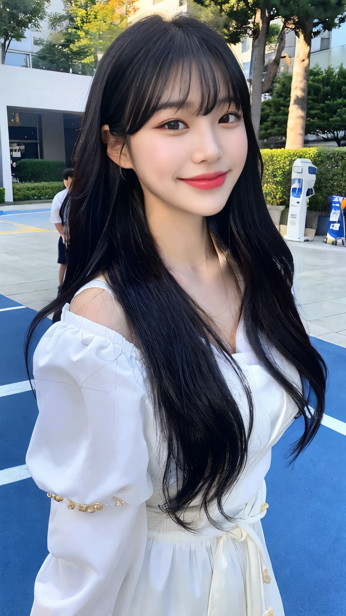 (8 thousand、top quality、masterpiece:1.2)、(realistic、realistic:1.9)、(laugh:0.2)、medium chest、beautiful and delicate eyes、full body sbian、(alone:1.8)、(look at the audience:1.3)、wet hair smiling on basketball court、shoulder height short hair、The tip of the hair touches the shoulder and then bounces up in a U shape....、Loose curly hair,、light bangs、I have bangs、Beautiful black haired woman in her 20s。No Man'so cute.、There is a sophisticated atmosphere。walking on the white sidewalk,、He looked around gracefully.........、Inside the basketball court、、、、、、Radiates quiet beauty。그녀의 laugh는 주변 사람들에게도 있다々that'representation々continuation々This is、々This is、々This is、々Gives you a happy feeling, Wear a hanbok,