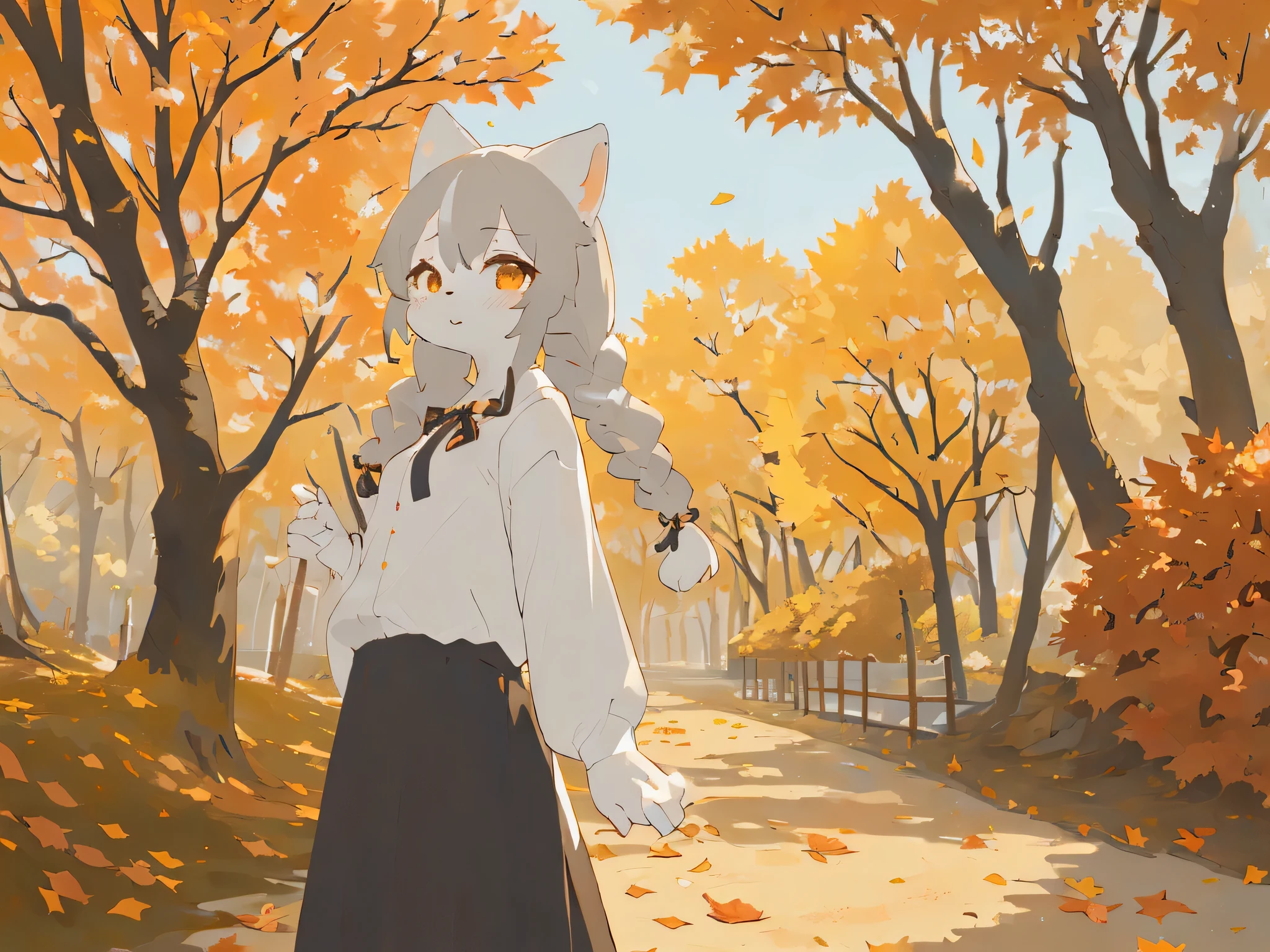 1 girl, alone, autumn leaves, Autumn theme, twin braids, long skirt, white shirt,, (highest quality, masterpiece, figure, super detailed:1.3), (Uploaded to e621, furry, anthro, kemono:1.3)