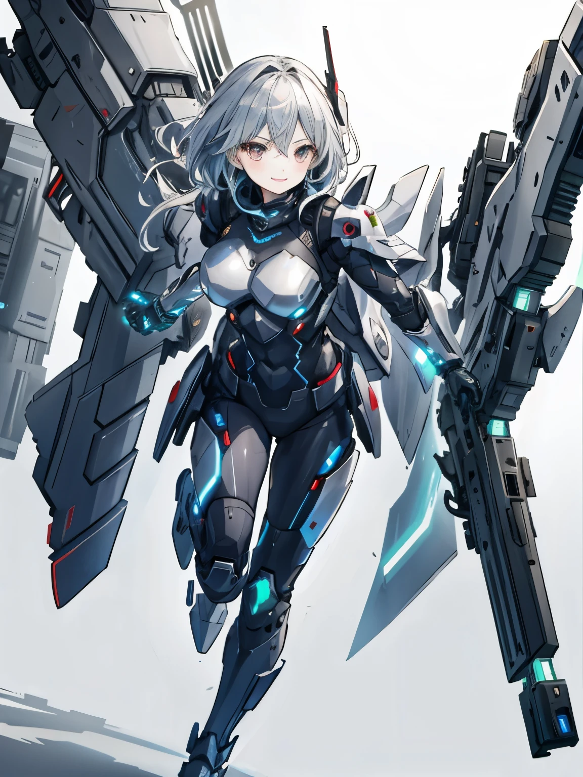girl,armored suit,Android Body,machine body,Carrying a large launcher on his back,combat readiness,fighting as if dancing,silver,smile,