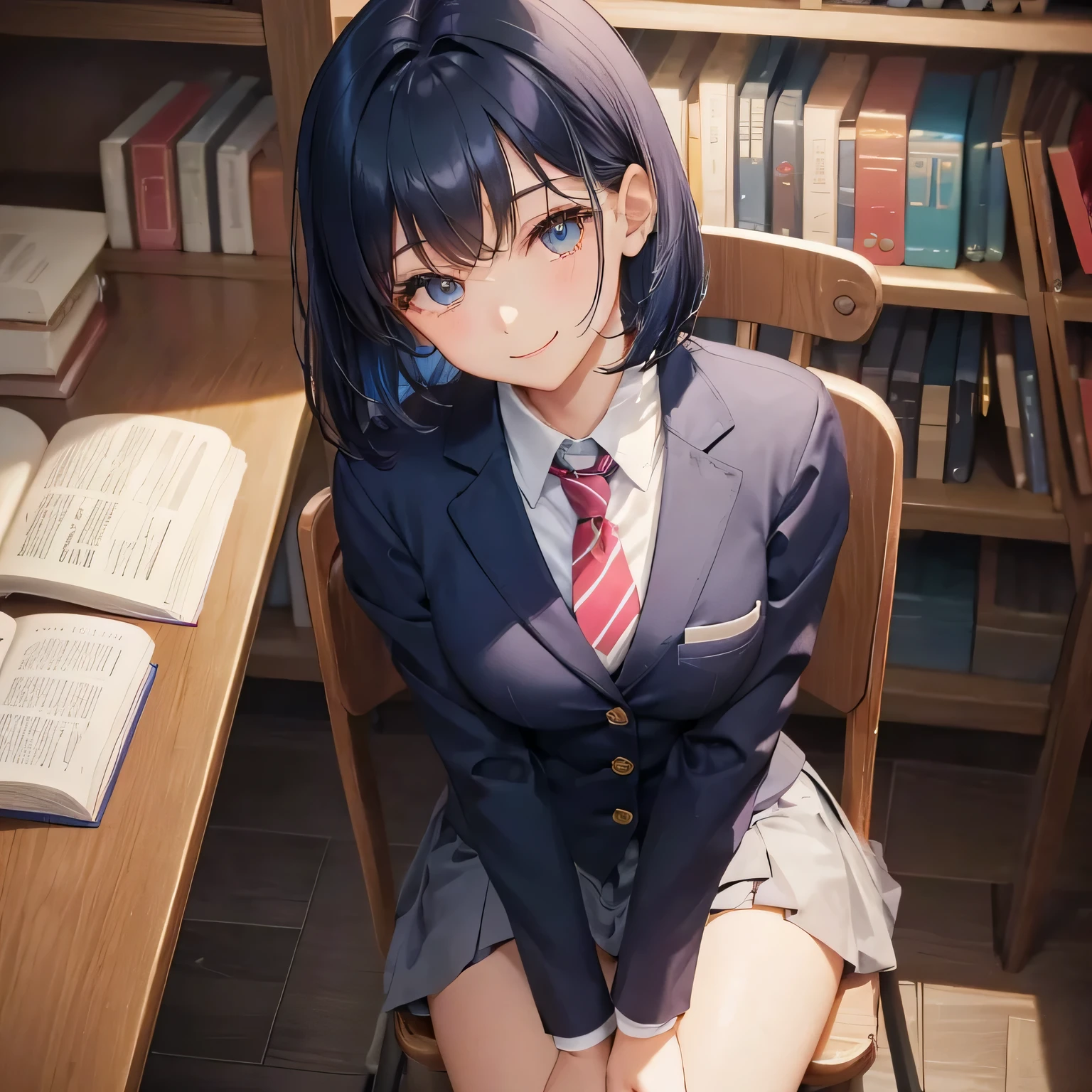 1 high school girl alone blazer tie bob hair dark blue hair color library smile gently sit on a chair