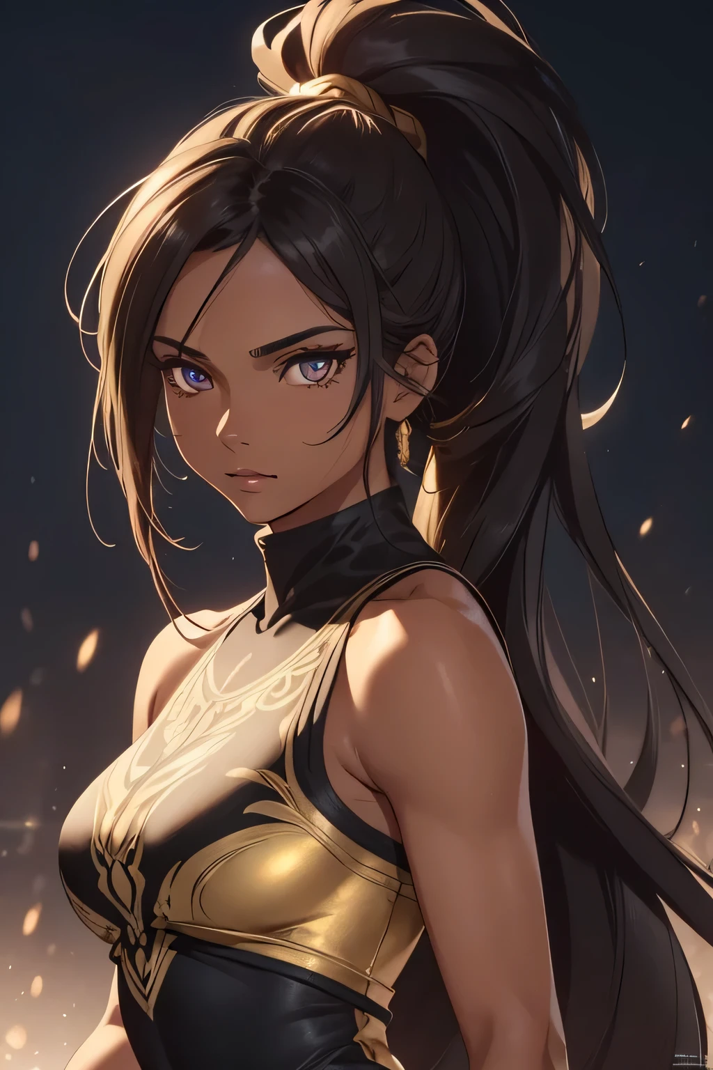 1 beautiful woman, tanned skin, long dark hair, ponytail, golden eyes, ((detailed eyes:1.2)), medium breasts, wearing sleeveless unitard, elegant, sensual, (masterpiece, top quality, best quality, official art, beautiful and aesthetic:1.2), extreme detailed, colorful, highest detailed, unreal engine 5, 8k