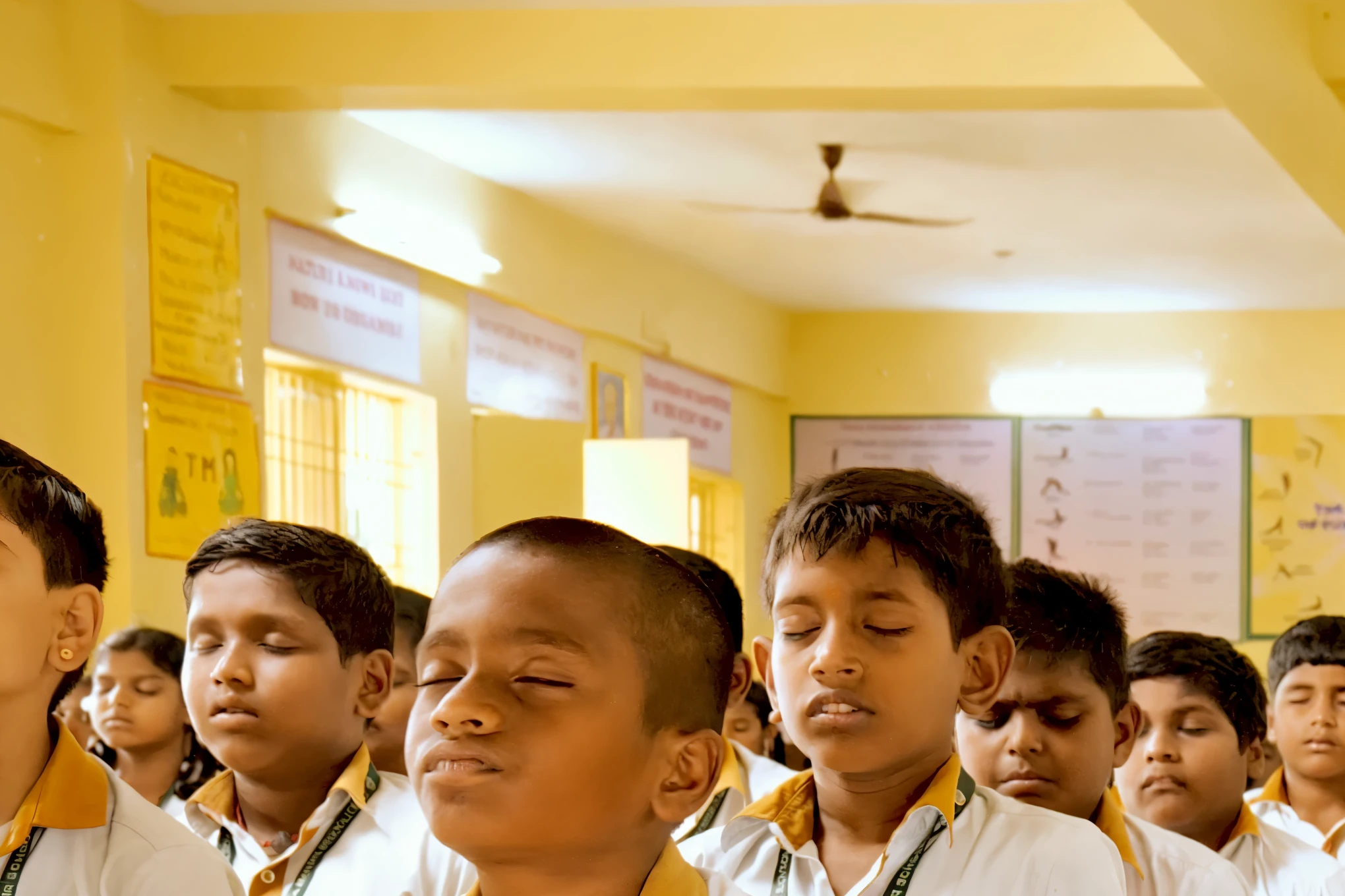 there are many young boys sitting in a row in a school, meditating in lotus position, padmasana, sukhasana, hindu stages of meditation, meditating pose, sitting cross-legged, student, meditating, school class, meditation pose, motivational, serene expression, digitally enhanced, lotus pose, praying meditating, taken with sony alpha 9