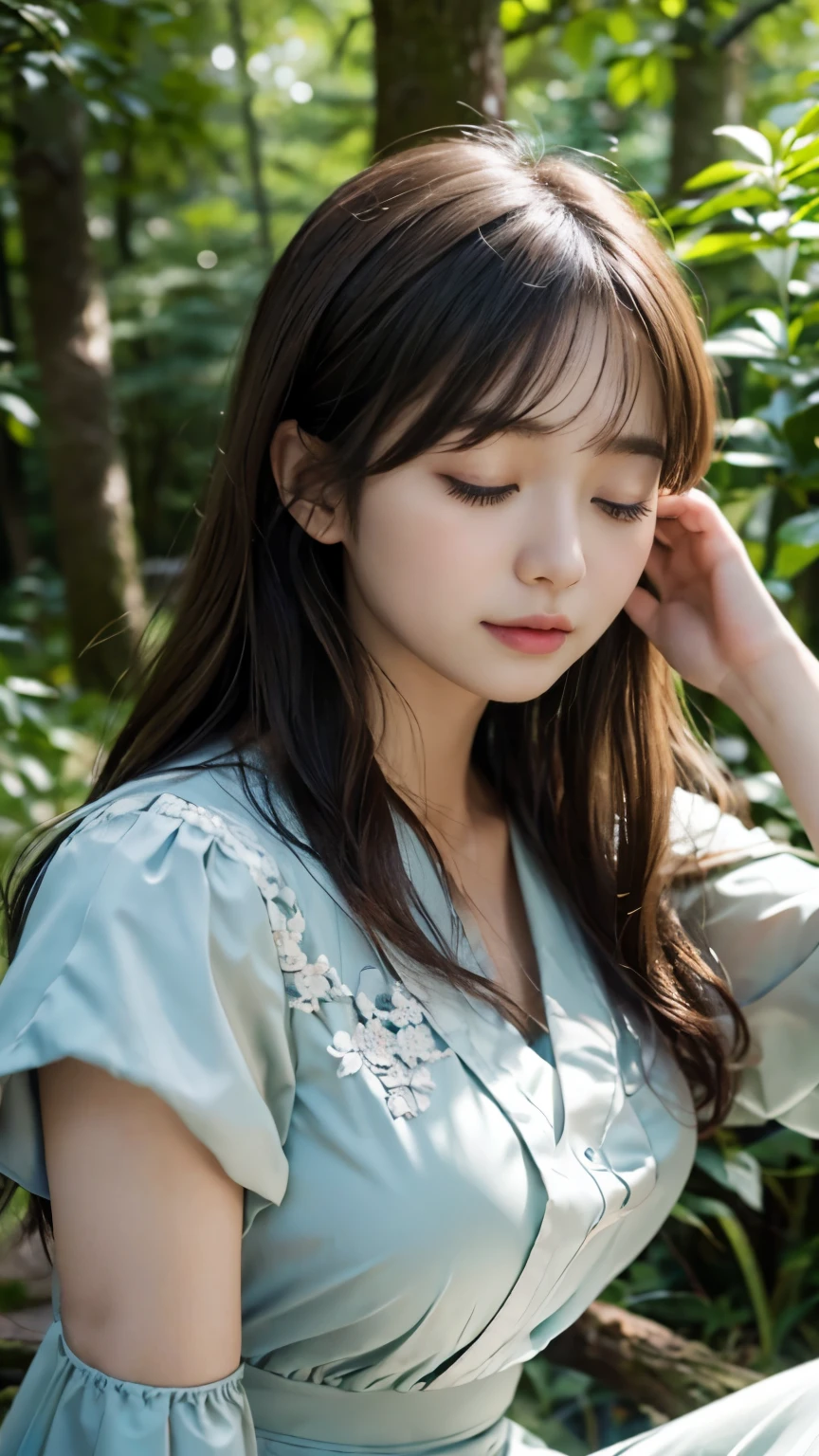 highres, ultra detailed, photorealistic, 1 beautiful japanese girl, highly detailed beautiful face, medium hair, closed eyes, dress, sitting, sleeping, forest