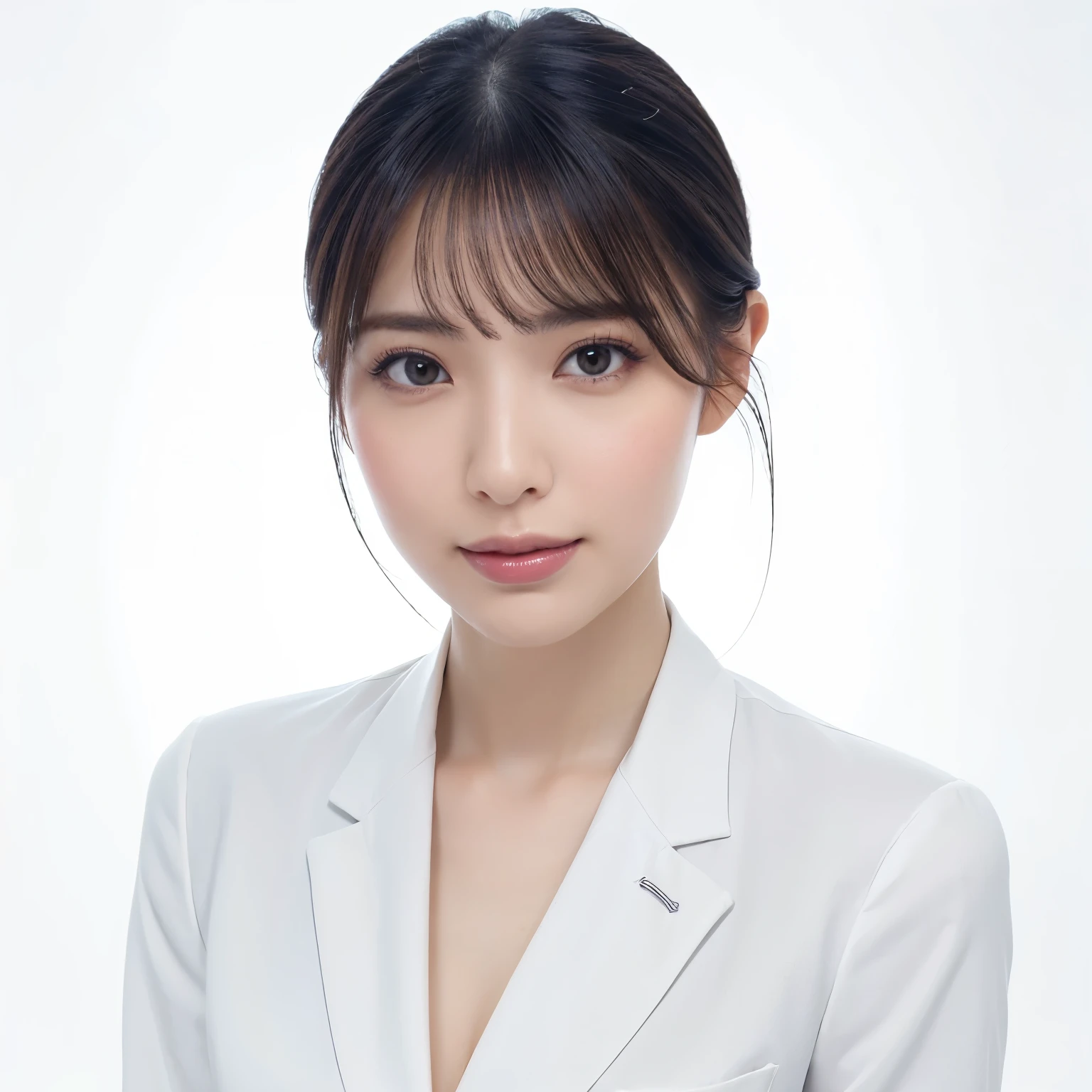 (highest quality、table top、8k、best image quality、Award-winning work)、1 Beautiful OL、straight medium hair、(Woman in business suit:1.3)、(wearing a perfect dark navy business suit:1.3)、(Wearing the most accurate and natural business suit:1.3)、white polyester shirt、(big breasts:1.1)、emphasize body line、perfect composition、beautiful and detailed eyes、look at me and smile、(close up of face:1.3)、(A woman perfectly centered:1.1)、(Please look at me:1.1)、elegant makeup、Ultra high definition beauty face、ultra high definition hair、Super high-definition sparkling eyes、Super high resolution glossy lips、accurate anatomy、very beautiful skin、Super high-definition glowing beautiful skin、(Pure white simple background:1.5)、Graceful upright posture seen from the front