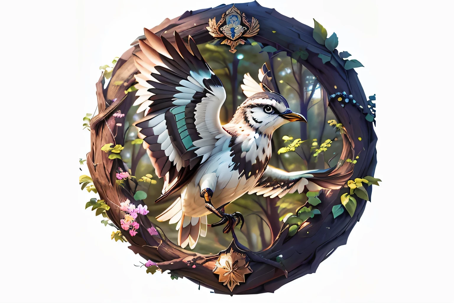 There is a bird flying in the sky,The background is a forest,badge, Extremely detailed CG unity8k wallpaper, Super detailed,