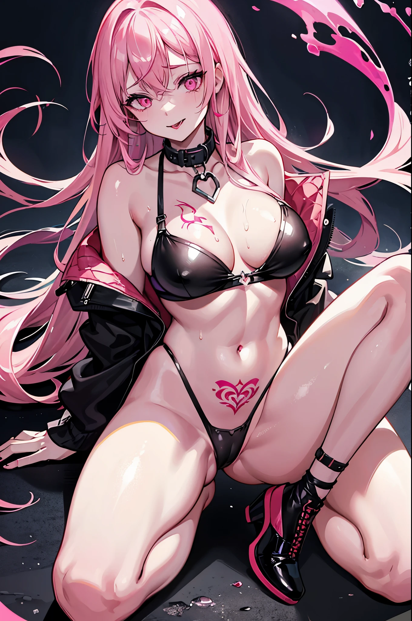prostitute, bitch tattoo, collar on neck, tongue out, saliva, red faces, bright red lips, seducing action, dirty minded, horny aura, pink windy effect, pink light effect, masterpieces, ultra sharp, colorful art, masterpieces, whole body, sweat, cute fang, perfect pupil detail, messy long hair, expectant eyes, perfect body shape, moisturized body,extreme graphic, cumshot
