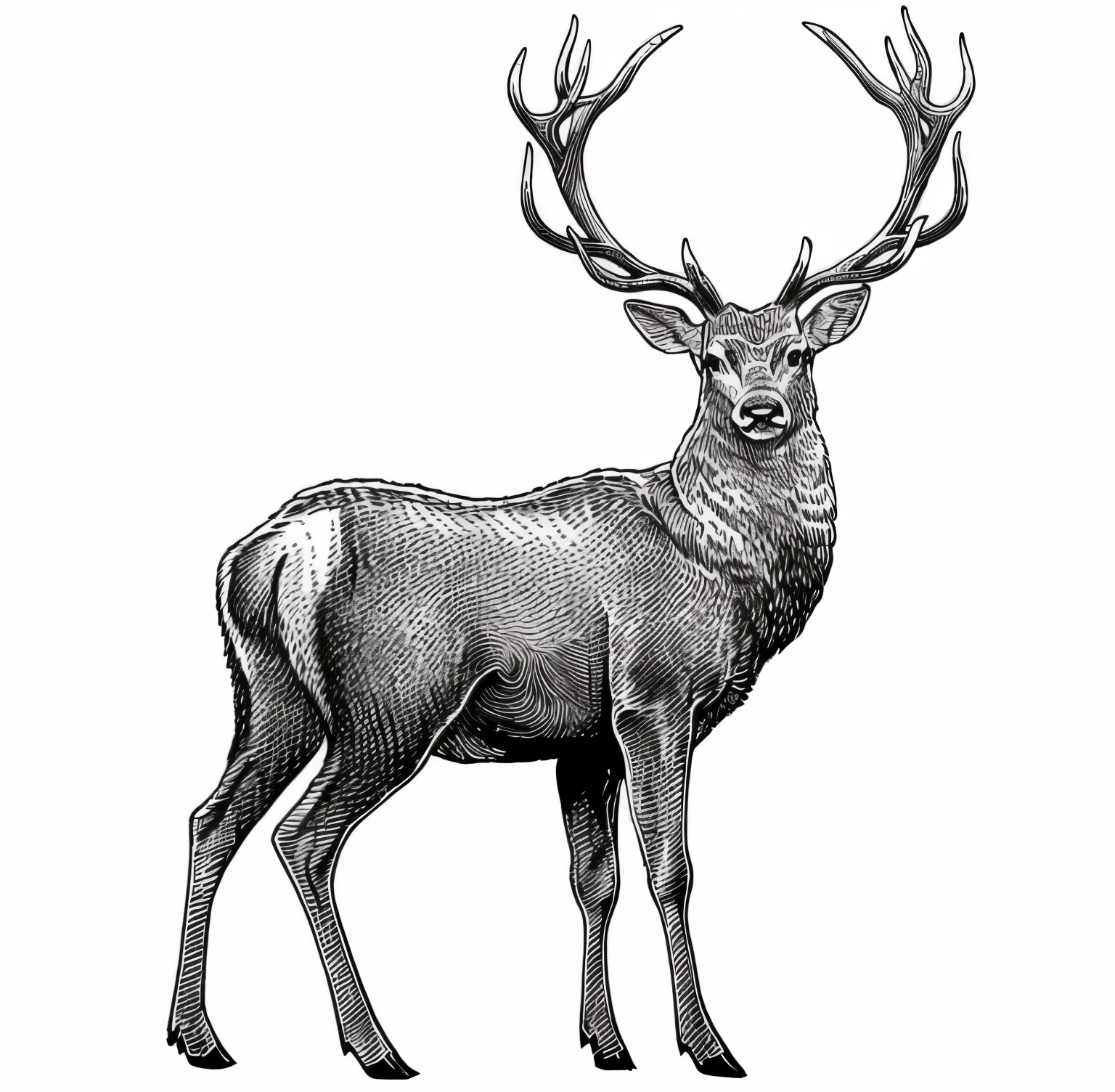 Black and white drawing of a deer with antlers, engraving illustration, Hand drawn illustration, Very detailed ink illustration, Sketch illustration, sharp High detail illustration, Highly detailed illustrations, High detail illustration, HD illustrations, Stag wearing a crown, Sharp and highly detailed, that portrait, an anthropomorphic deer, Pen illustration
