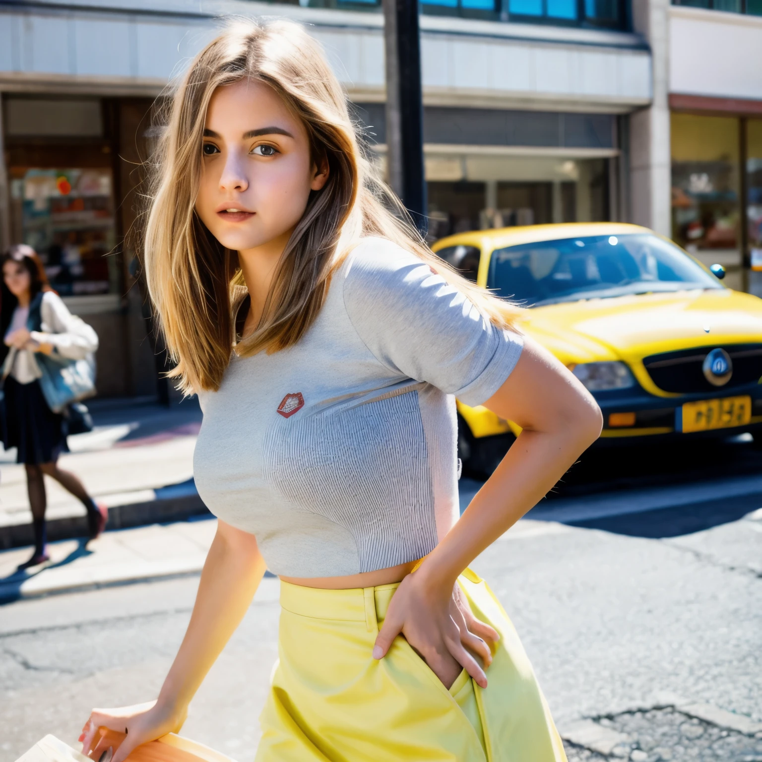 Mejor calidad)), ((Obra maestra)), (detallado), cara perfecta ((Mejor calidad)), ((Obra maestra)), (detallado), perfect face age girl blonde straight hair,con gran pecho 130, con camisa blanca transparente y falda muy corta cuerpo perfecto cara bonita. Photo shoot skirt moving wind on the street