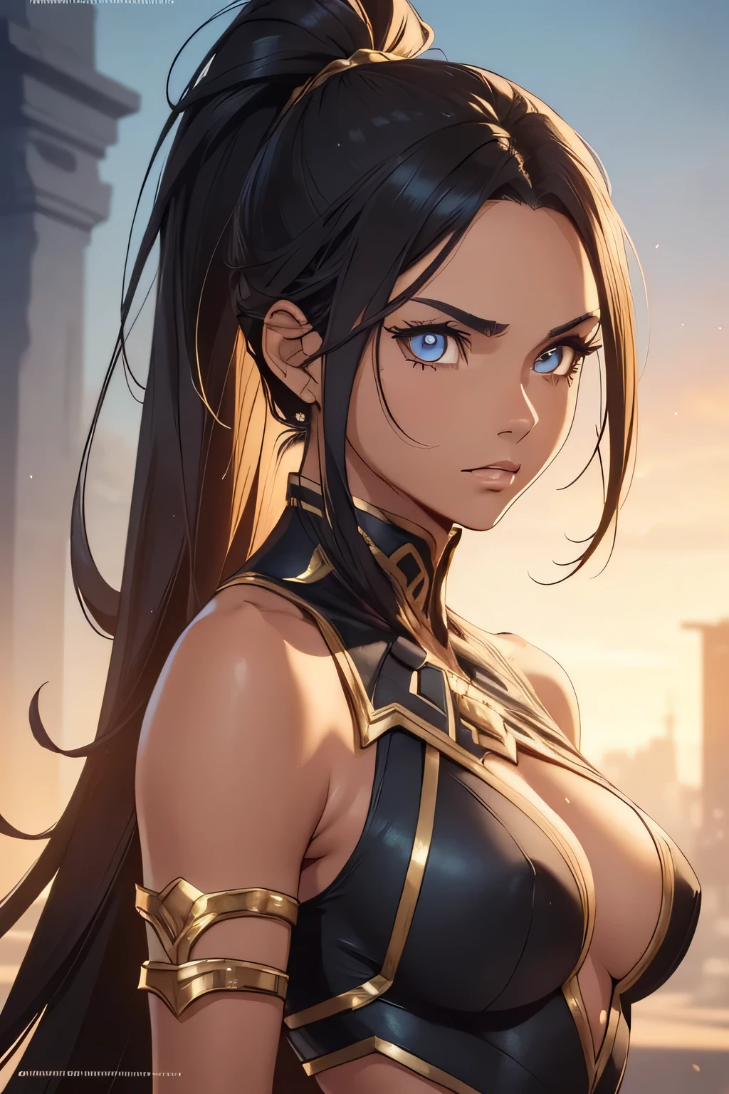 1 beautiful woman, tanned skin, long dark hair, ponytail, golden eyes, ((detailed eyes:1.2)), medium breasts, wearing sexy superheroine costume, sleeveless, sideboob, elegant, sensual, (masterpiece, top quality, best quality, official art, beautiful and aesthetic:1.2), extreme detailed, colorful, highest detailed, unreal engine 5, 8k