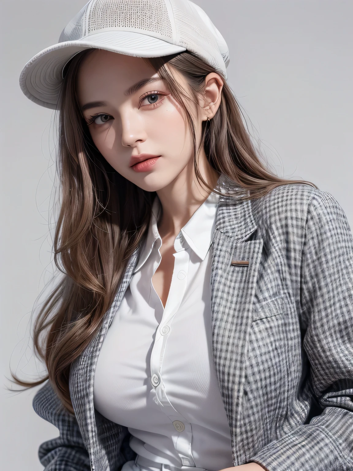 (highest quality, High resolution, masterpiece :1.3), beautiful adult woman, Long contour, ((pure white background)), (Plaid jacket, white shirt, Wide trousers in gray, have), (loose wavy gray bob hair), ((Accurately express details such as faces and skin textures)), take a pose,