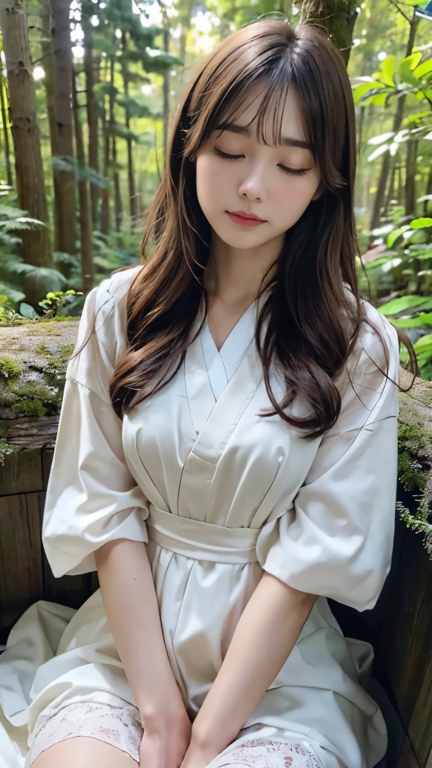 highres, ultra detailed, photorealistic, 1 beautiful japanese girl, highly detailed beautiful face, medium hair, closed eyes, dress, sitting, sleeping, forest