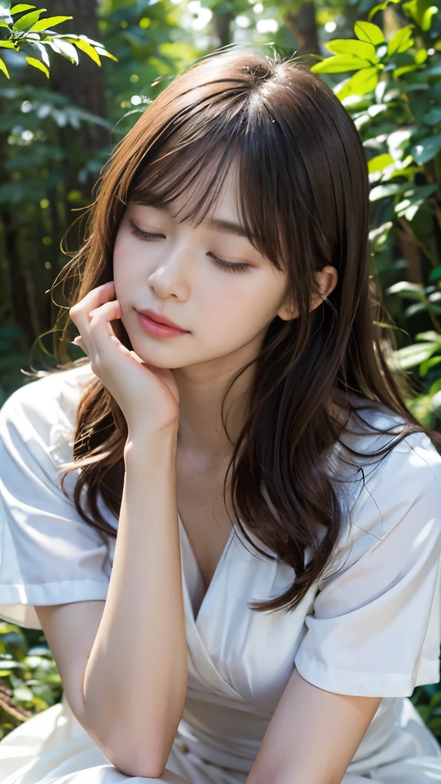 highres, ultra detailed, photorealistic, 1 beautiful japanese girl, highly detailed beautiful face, medium hair, closed eyes, dress, sitting, sleeping, forest