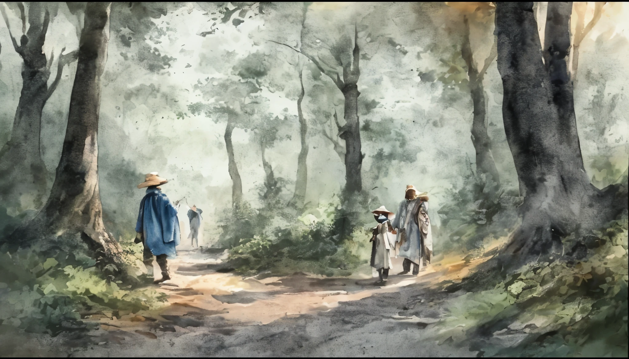 two men,in the forest,big hat,scarf,Cloth,asian costumes、Light,darkness,The face is hidden、Broken intestines are at the end of the world,traveller,watercolor painting,road、(8k wallpaper),very detailed drawing,wide angle,Depth of the bounds written,master piece,Realistic,beautifully drawn,detailed,acura,works of masters,master piece