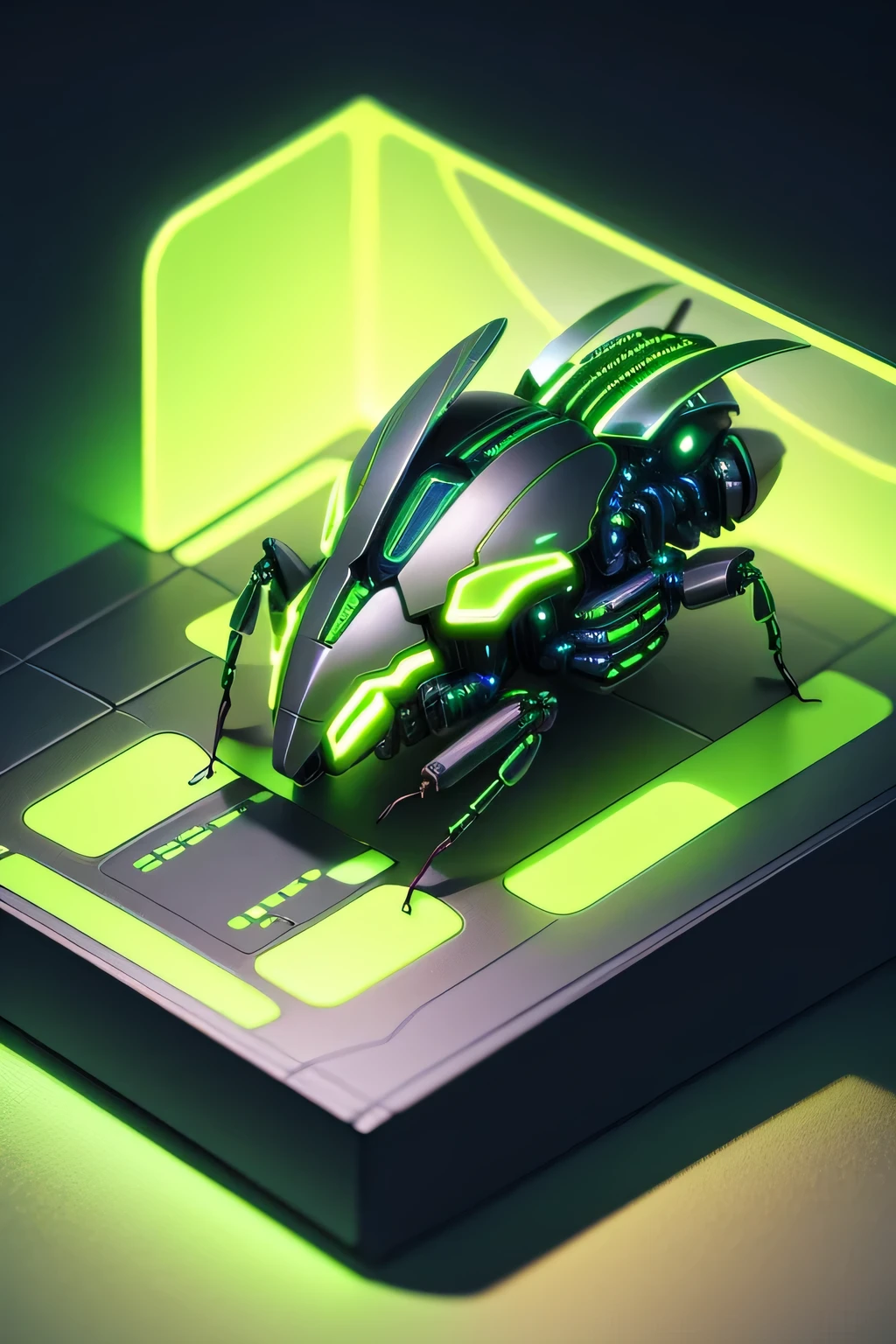 detailed, smooth shading, lime green, neon lighting, ((isometric)) render of a bug sci-fi organic technology world, intricate, elegant, illustration,