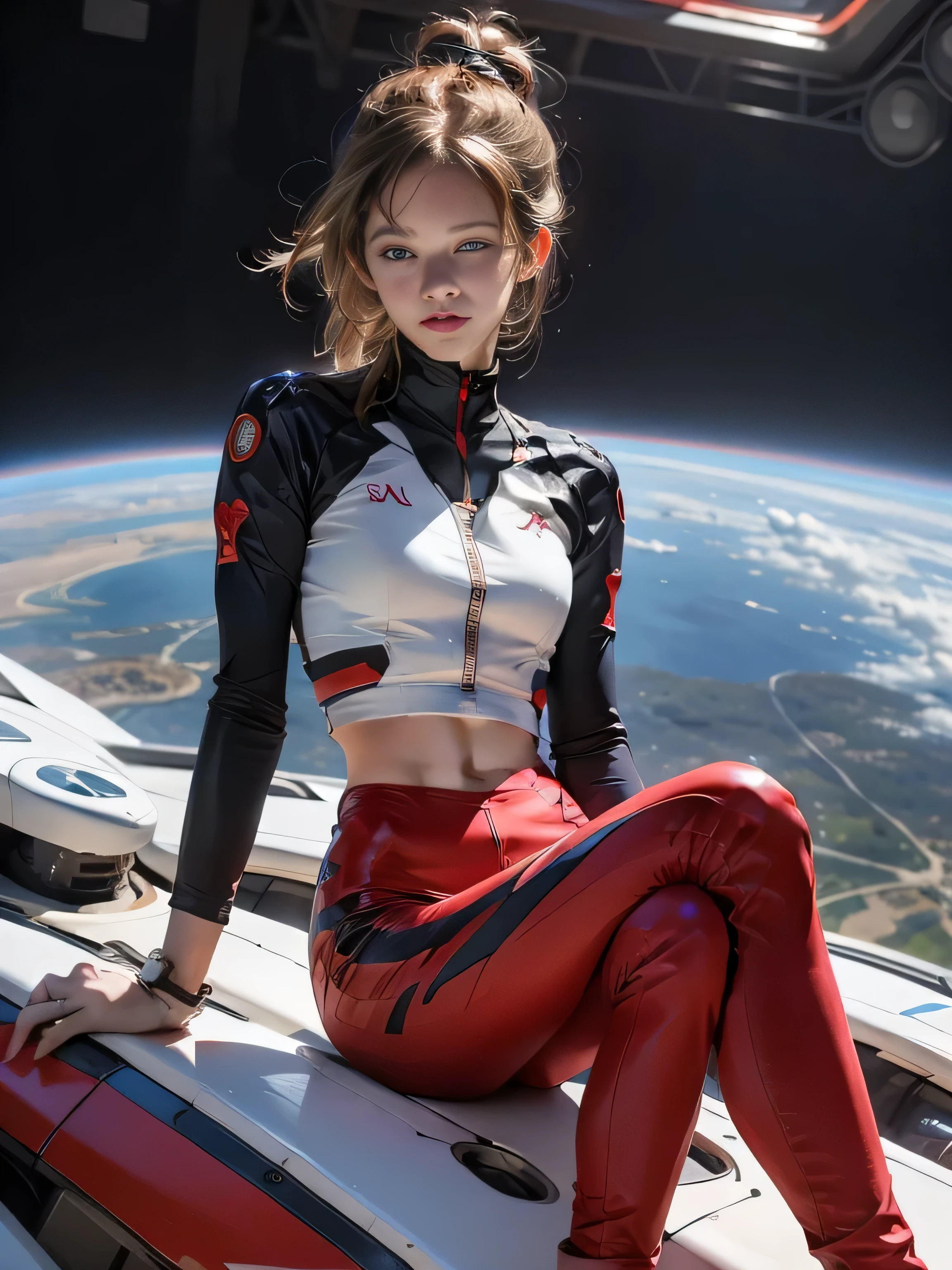 teen emma watson dressed in a plugsuit of evangelion blonde. freckles. sparkly blue eyes that speak of innocence and acceptance. Slender frame and beautiful figure. tight red pants. crop top. reading while lying outside a spaceship. ripped clothes exposing muscle. sci-fi. , Full body Shot