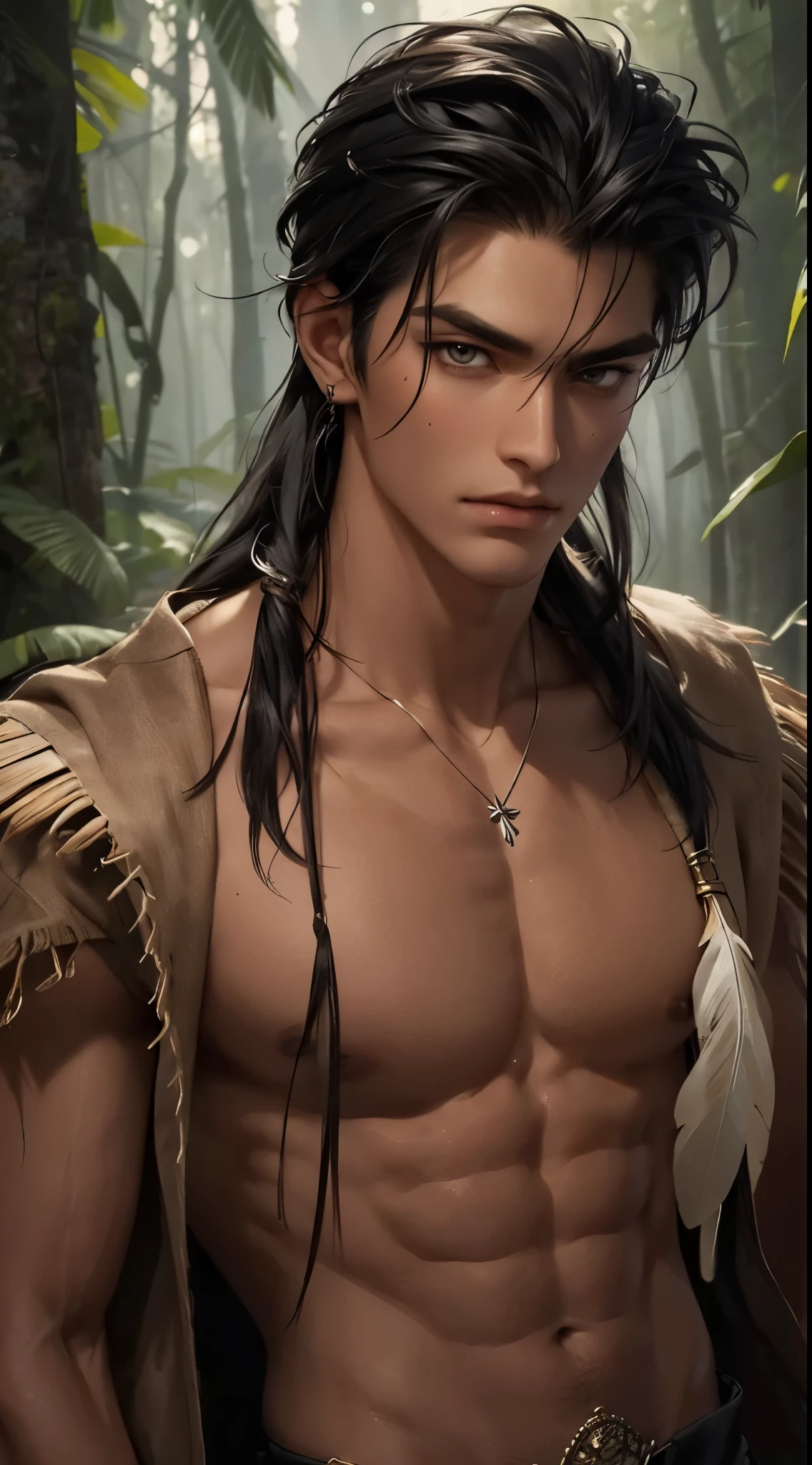 1 boy,Handsome,tall and strong,perfect male figure, eyes looking at camera, ((tanned skin)),forest,primitive,feather hair accessories,Oil paint on the face,black hair,serious expression,Beast tooth necklace,Ray tracing