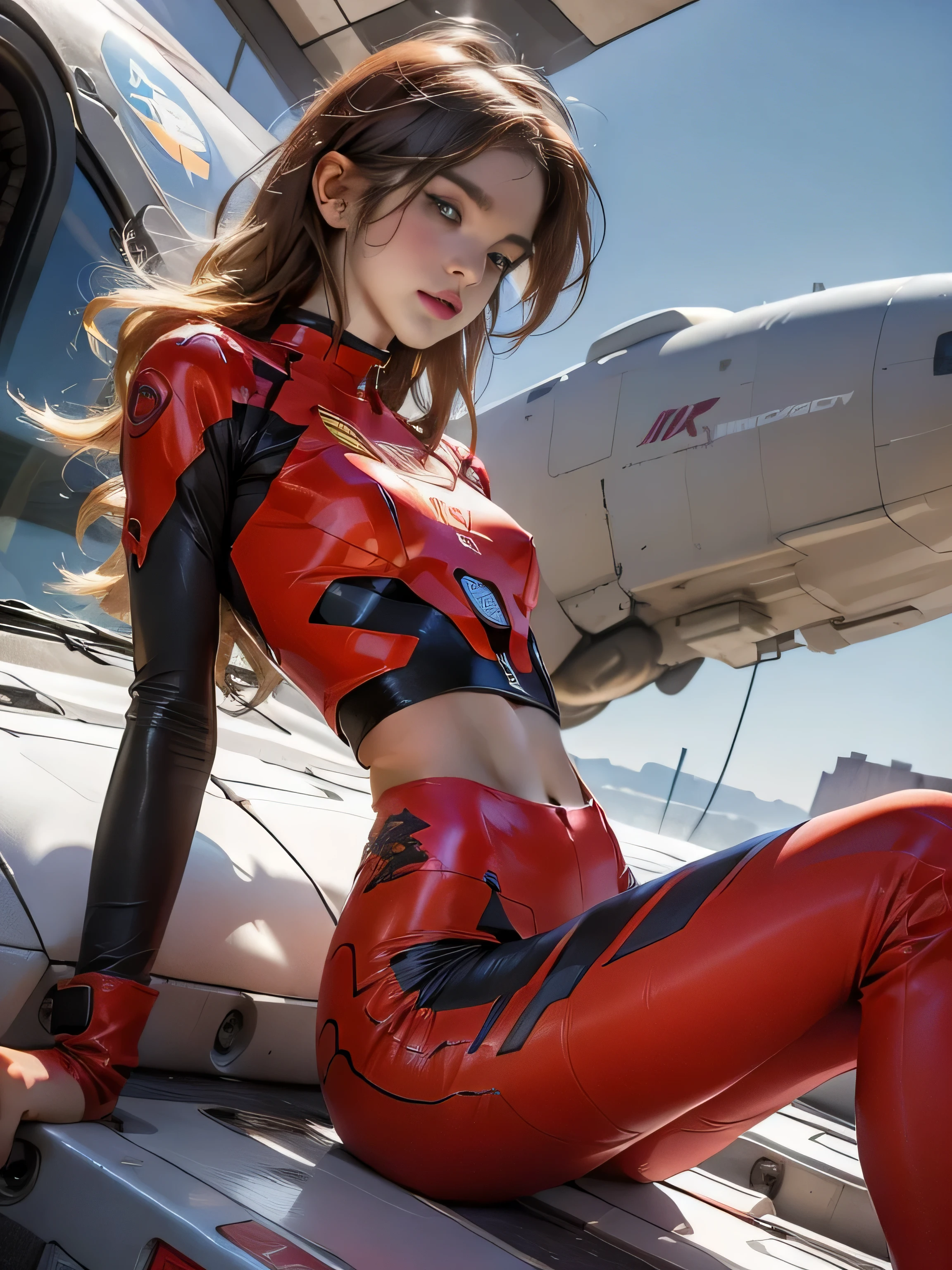 teen emma watson dressed in a plugsuit of evangelion blonde. freckles. sparkly blue eyes that speak of innocence and acceptance. Slender frame and beautiful figure. tight red pants. crop top. reading while lying outside a spaceship. ripped clothes exposing muscle. sci-fi. 
