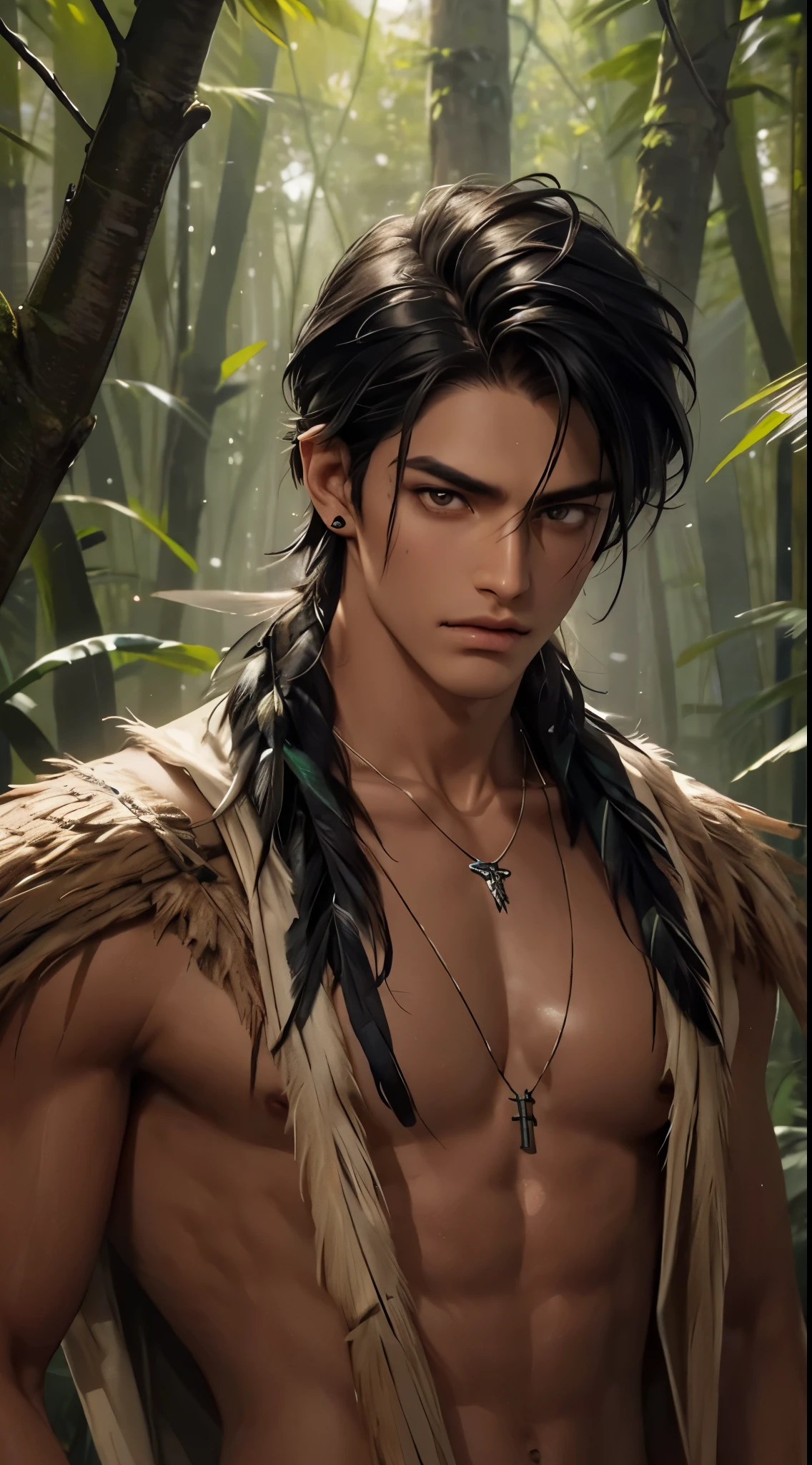 1 boy,Handsome,tall and strong,perfect male figure, eyes looking at camera, ((tanned skin)),forest,(primitive),feather hair accessories,((Oil paint on the face)),black hair,serious expression,((Beast tooth necklace)),Ray tracing
