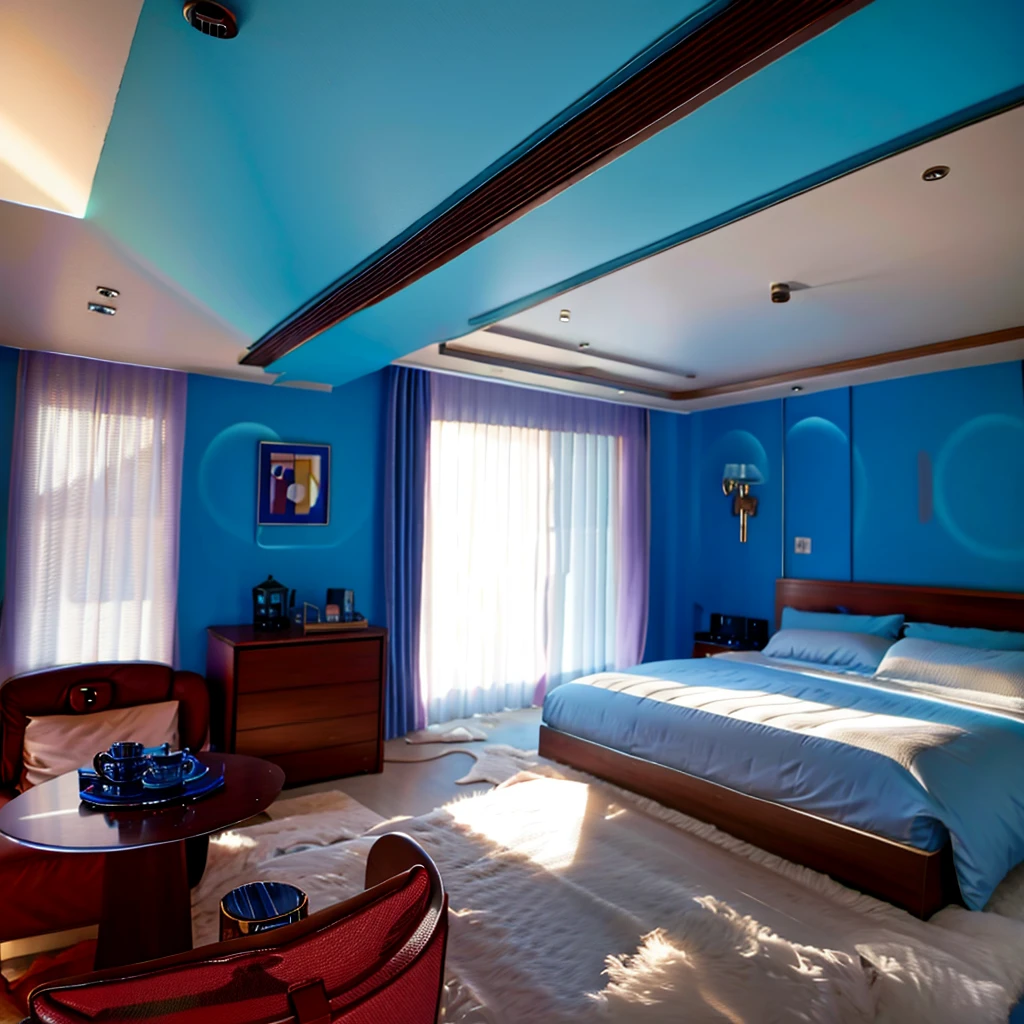There was a big bed in the room，blue carpet, Shot with Sony a7r camera, With natural light as background, interior of room, Luxurious environment, Shot with Sony alpha 9, furnished room, natural light in room, jin shan, Full room view, Shot with Canon 80D, color, an interior of room, room interior