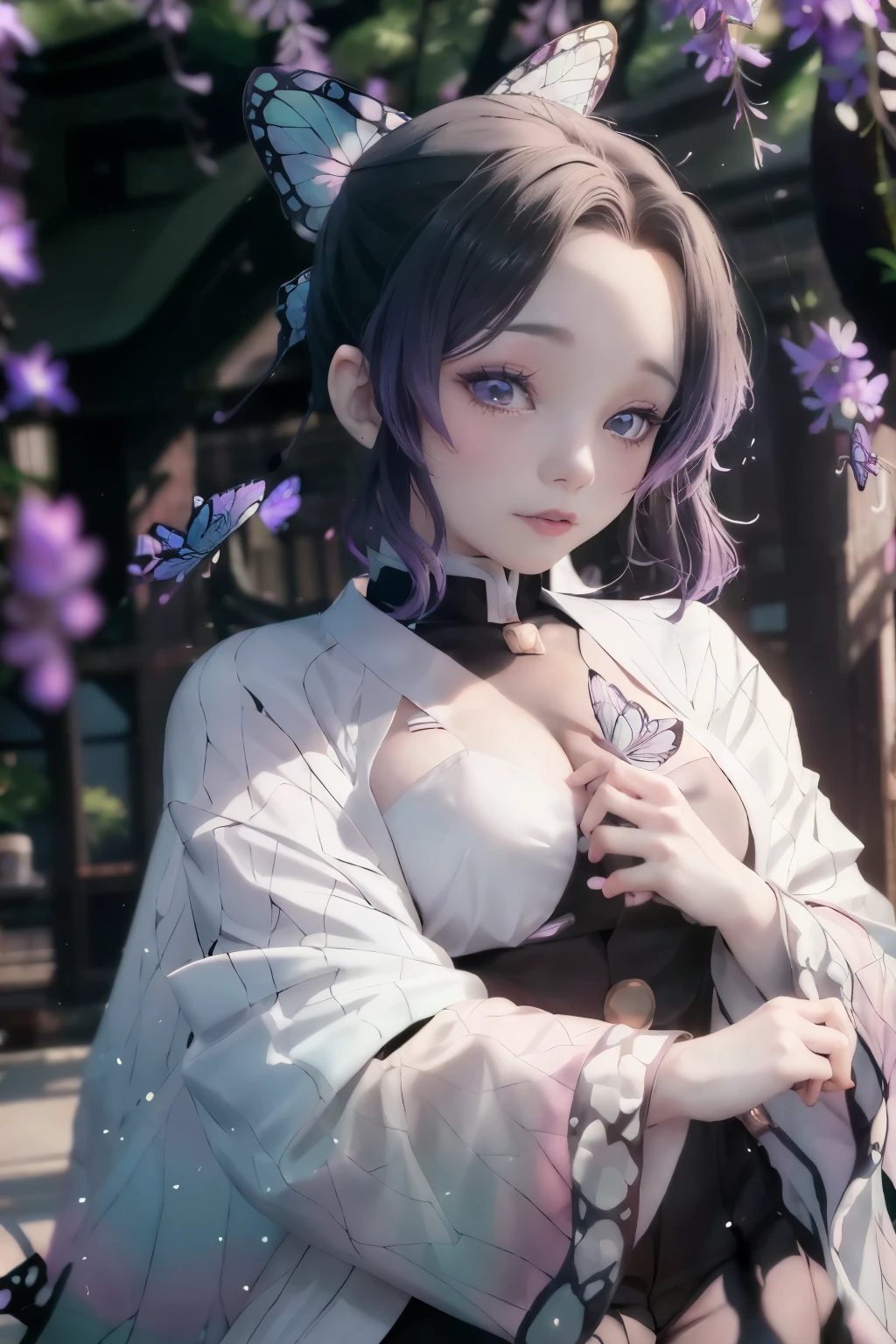 Characters in Demon Slayer（Butterfly Ninja）A beautiful butterfly rests on the hand, guweiz style artwork, guweiz, Anime Girls Cosplay, real life anime girls, palace ， A girl wearing Hanfu, young anime girl, Beautiful anime style, close up of a young anime girl, Gurwitz Masterpiece, Anime style mixed with Fuji film