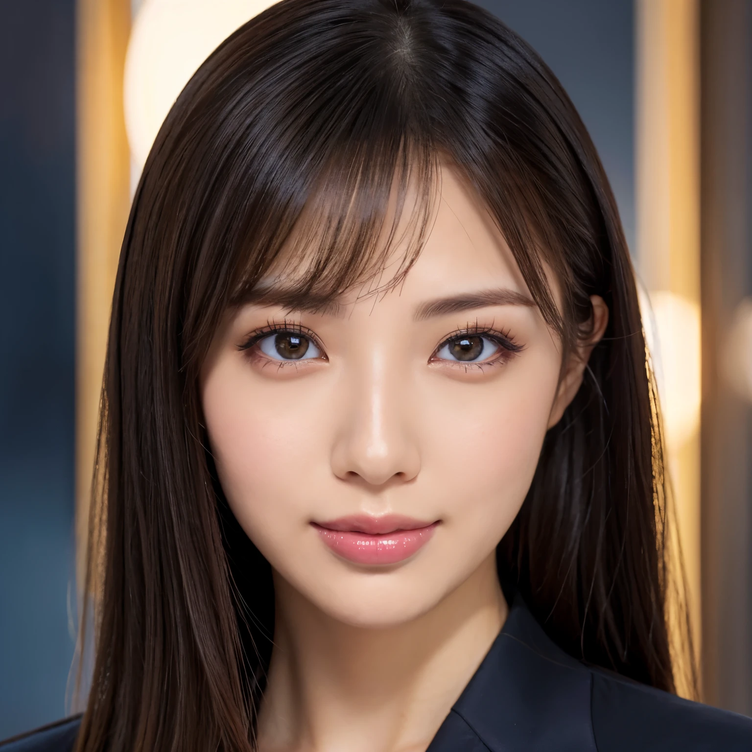 (highest quality、table top、8k、best image quality、Award-winning work)、1 Beautiful OL、straight medium hair、(Woman in business suit:1.3)、(wearing a perfect dark navy business suit:1.3)、(Wearing the most accurate and natural business suit:1.3)、simple background、perfect composition、beautiful and detailed eyes、look at me and smile、(close up of face:1.1)、、(Please look at me:1.1)、elegant makeup、Ultra high definition beauty face、ultra high definition hair、Super high-definition sparkling eyes、Super high resolution glossy lips、accurate anatomy、very beautiful skin、Super high-definition glowing beautiful skin