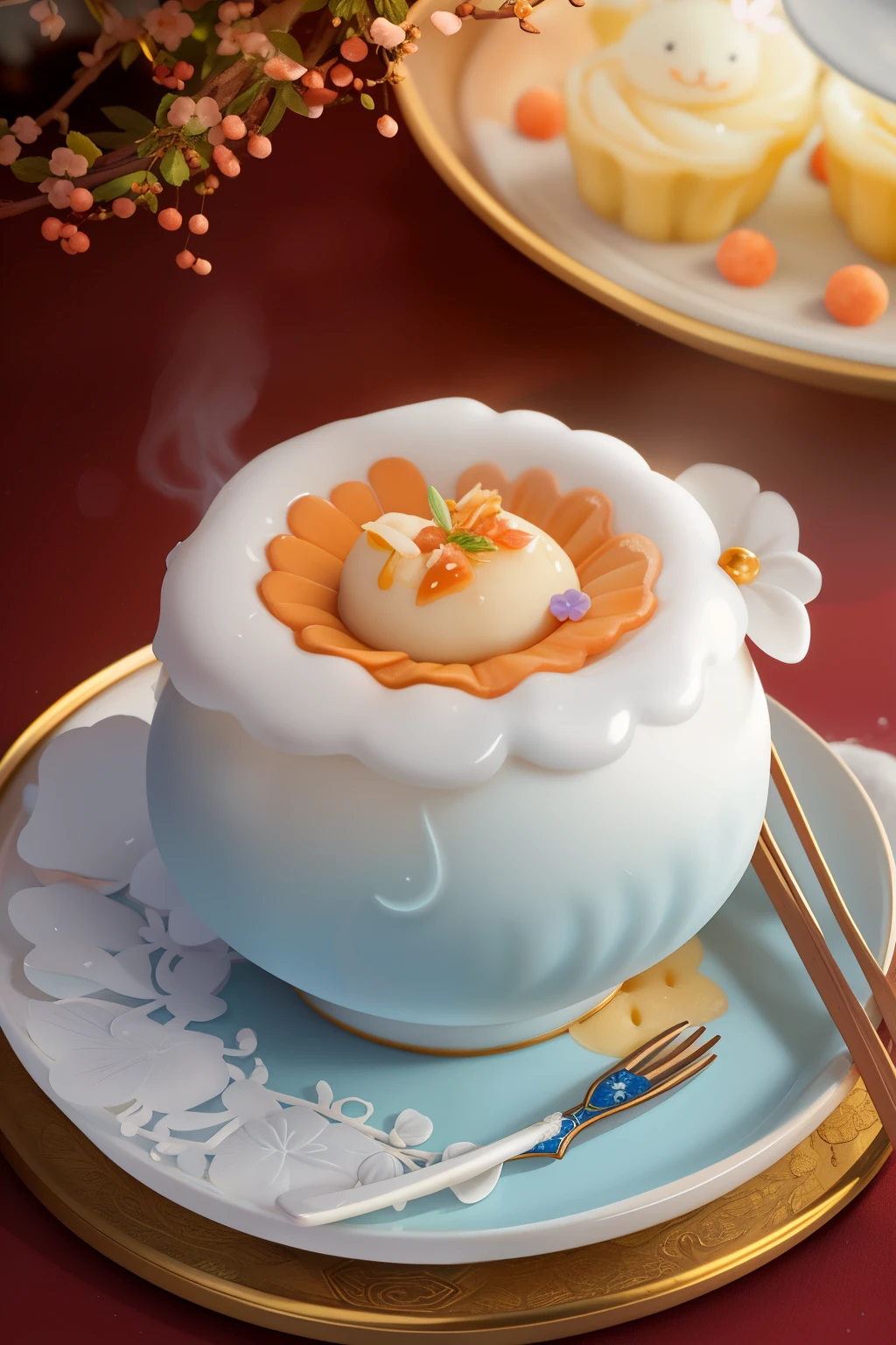 In a serene setting under the full moon, a delightful scene unfolds. A plate of mouth-watering sweet dumplings, steaming with heat, is delicately placed on a porcelain spoon. The background is adorned with soft-focus peach blossoms, adding an ethereal touch. Each dumpling is meticulously crafted, resembling little crescent moons, symbolizing good fortune. The dim light of the moon casts a gentle glow, enhancing the vibrant colors of the dessert. The atmosphere is filled with a sweet aroma, enticing anyone who catches a glimpse. This enchanting image captures the essence of indulgence and beauty, inviting you to savor the moment.