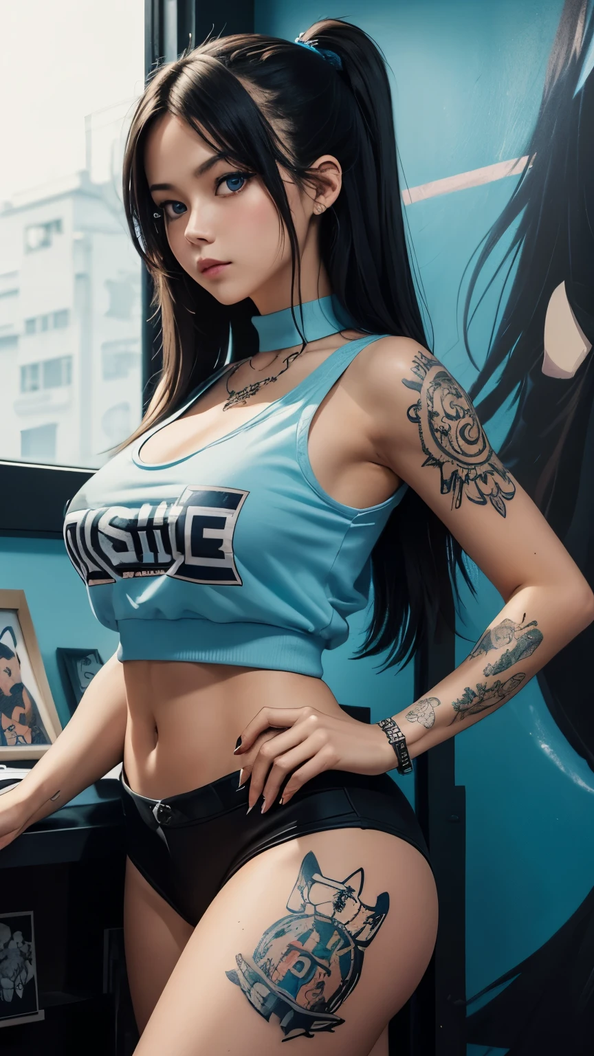 an ultradetailed painting of a stylish woman wearing streetwear in a tattoo shop, short top, Big tits, sexy, anime, studio ghibli, intricate, sky blue eyes