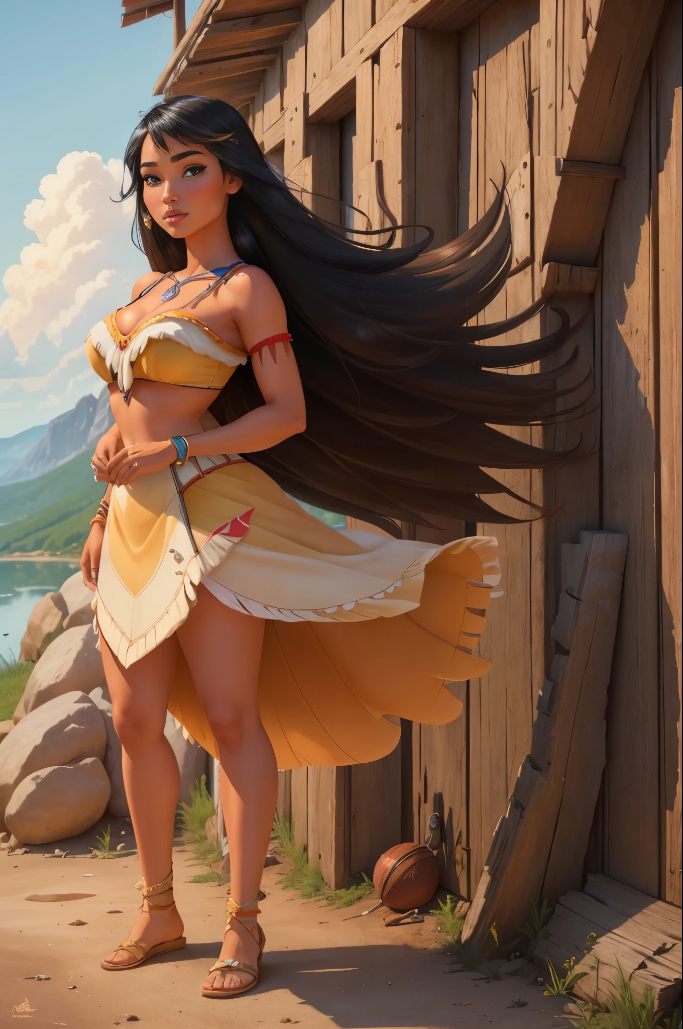 ((1 girl)), Masterpiece, (high quality, best render), (beautiful girl, Pocahontas), (bomb, pin-up style), native American, hot, floss, perfect body, 4k hd, disney princess, beautiful female princess, anime princess, hd artwork, official art, disney cartoon, beautiful princess, large breasts