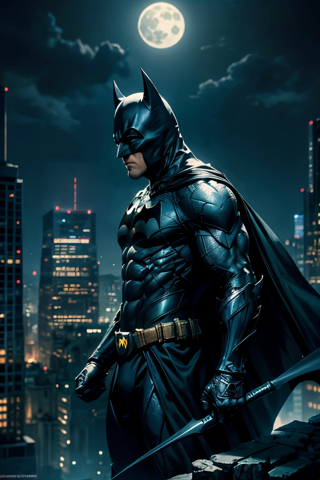 the towering and formidable Batman standing atop a high building, against the backdrop of a blue night sky and the dazzling lights of the city. Batman is clad in full armor, his black cape billowing in the wind. His gaze is unwavering, and the contours of his profile exude determination and solemnity. Behind him, a bright full moon illuminates the entire scene. This shot is filled with the mystery and power of Batman, showcasing his solitary and fearless hero image. The entire painting implies Batman's determination to protect the city in the darkness of the night, conveying his endless courage and sense of mission,(best quality,4k,8k,highres,masterpiece:1.2),ultra-detailed,realistic, HDR,UHD,studio lighting,ultra-fine painting,sharp focus,physically-based rendering,extreme detail description,professional,vivid colors,bokeh, portraits,psychological,