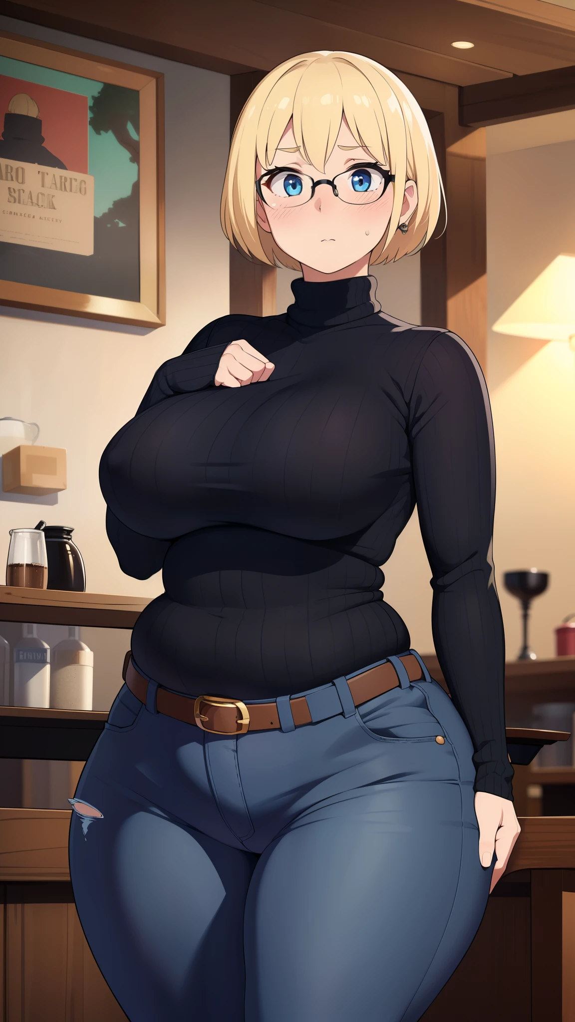 ((Masterpiece)), perfect anatomy, perfect shading, field of depth, (best quality), extremely delicate and beautiful, perfect lighting, detailed face, ultra cute face, cute, (((1girl))), ((solo)), looking at viewer, short hair, fluffy hair, blonde hair, blue eyes, Glasses, ((Blush)), shy, nervous, (black turtleneck sweater 1.5), (jeans 1.2), belt, extremely tight clothes, medium breasts, ((wide hips)), ((thick thighs)), ((chubby)), coffee shop, intricate background, detailed background,