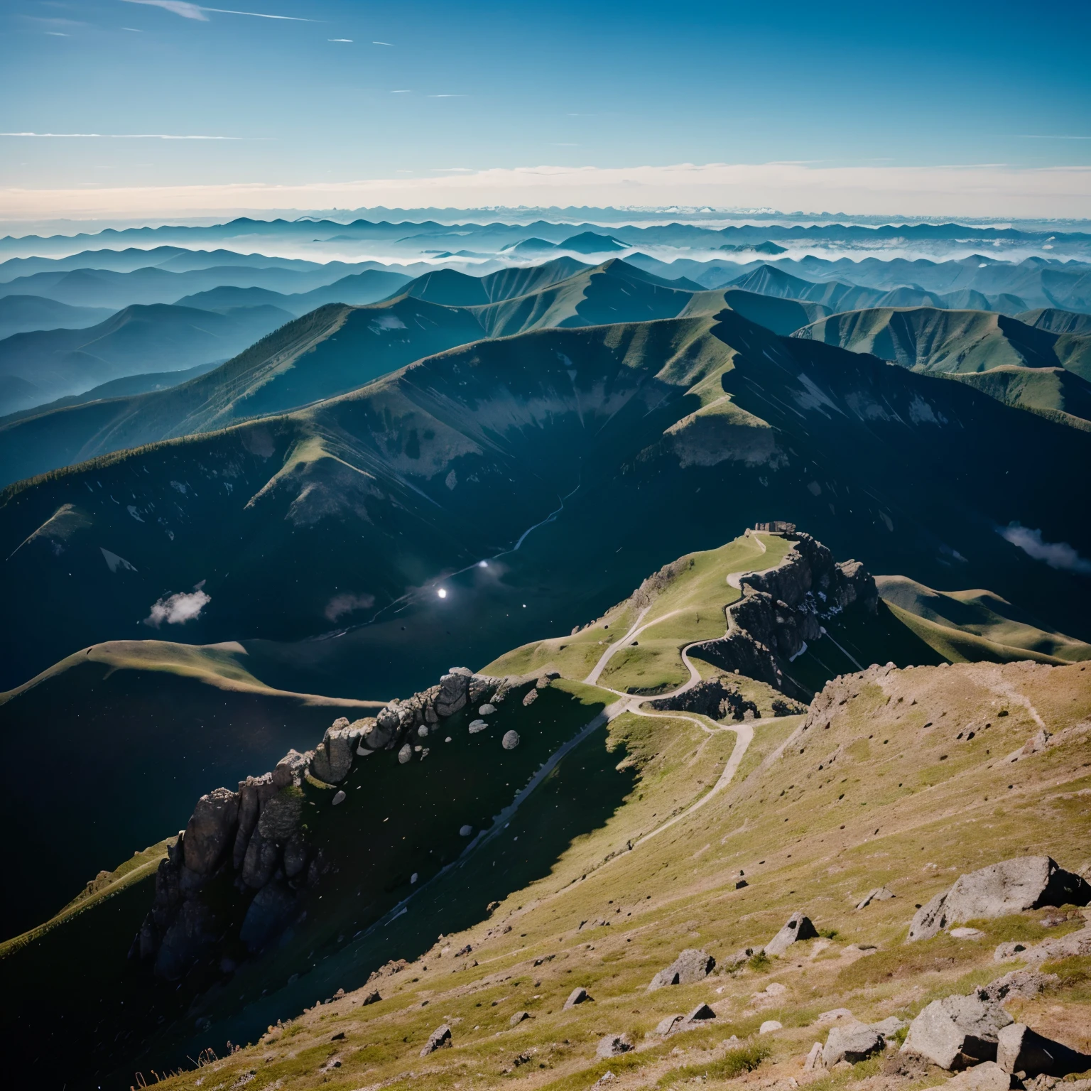 Stand atop the mountain summit, and you'll be greeted by a breathtaking panoramic view. The vast expanse of the sky meets the undulating mountain ranges, creating a sense of boundless freedom and natural grandeur.
