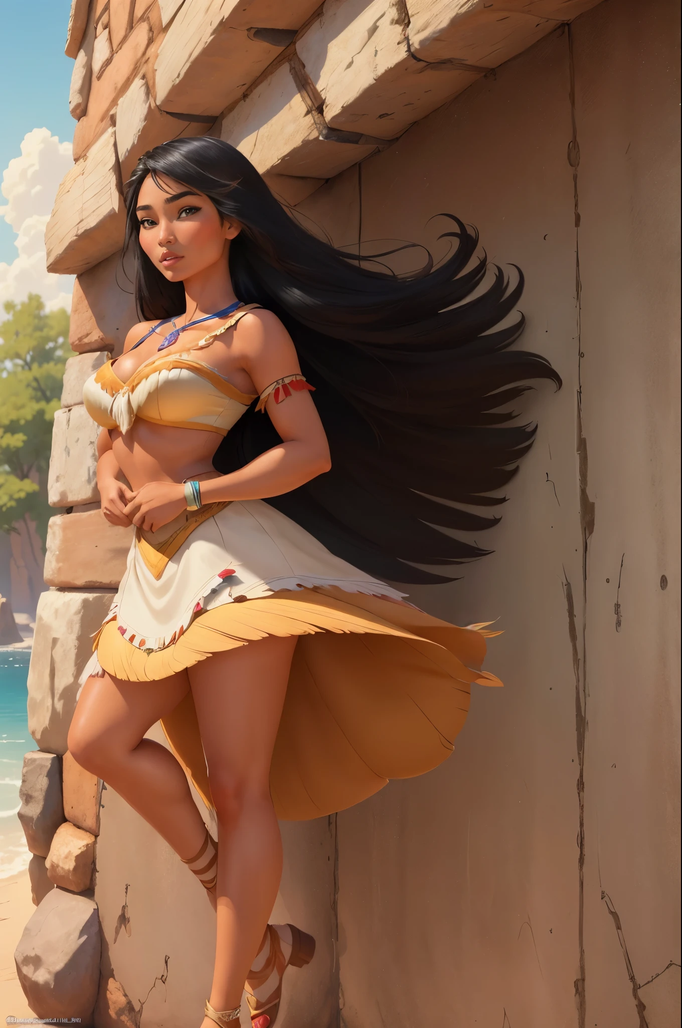 ((1 girl)), Masterpiece, (high quality, best render), (beautiful girl, Pocahontas), (bomb, pin-up style), native American, hot, floss, perfect body, 4k hd, disney princess, beautiful female princess, anime princess, hd artwork, official art, disney cartoon, beautiful princess, large breasts