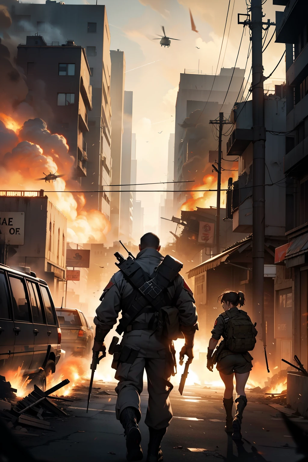 Soldiers in a city with tanks and fire as a background, futuristic battlefield, fps game concept art, stunning sci-fi concept art, wojtek fus, 4 k concept art, 4K concept art, sci fi epic digital art, Concept art wallpaper 4K, dystopian scifi apocalypse, concept art like ernest khalimov, Detailed 4K concept art, concept-art