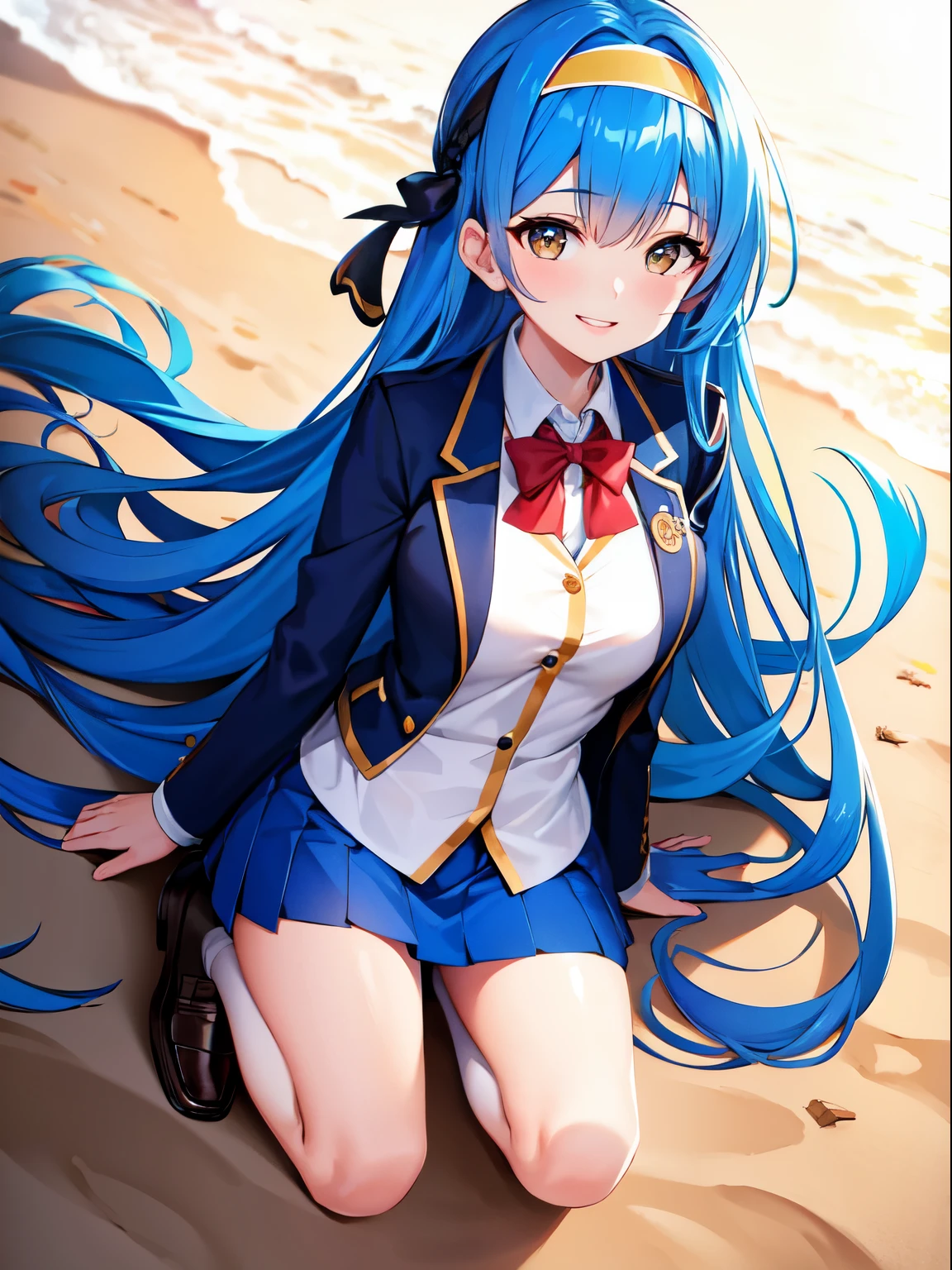 high quality UHD Anatomically correct, beautiful girls, teary eyes, Smile showing teeth, blue long hair Headband, crouching, blazer, Mini skirt, loafers, sunny beach, Low angle Key Light Wide Angle,#f49ca5