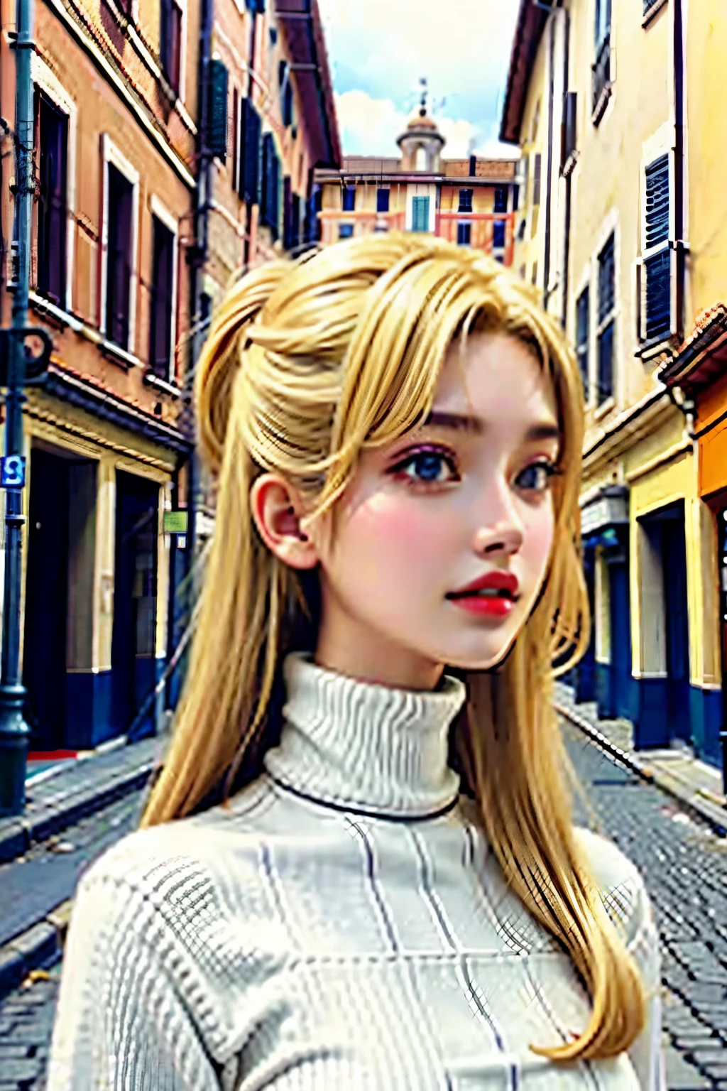 Streets of Rome,blonde hair,Women with high noses,turtleneck knit