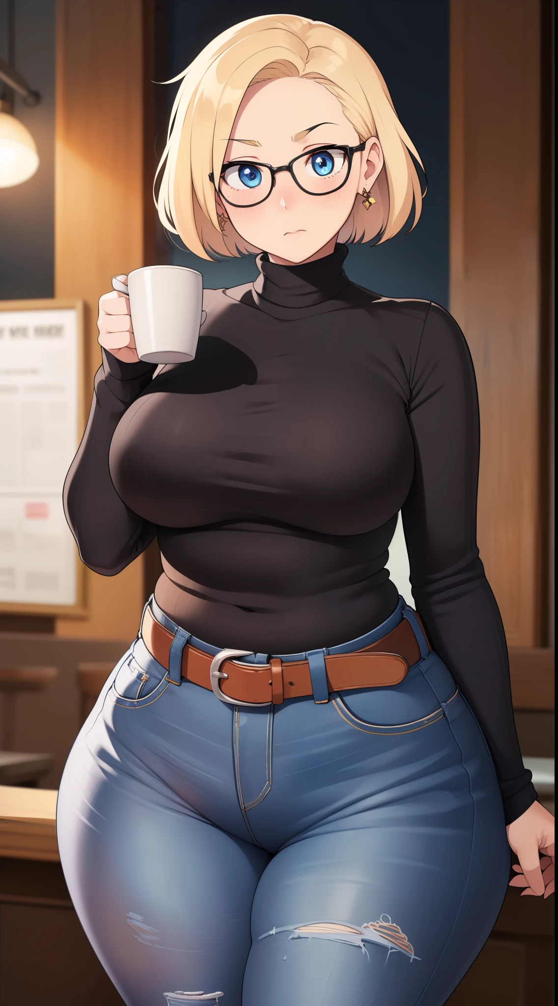 ((Masterpiece)), perfect anatomy, perfect shading, field of depth, (best quality), extremely delicate and beautiful, perfect lighting, detailed face, ultra cute face, cute, (cowboy shot 1.2), full body, (((1girl))), ((solo)), looking at viewer,

short hair, fluffy hair, blonde hair, blue eyes, Glasses, ((Blush)), shy, nervous, (black turtleneck sweater 1.5), (jeans 1.2), belt, extremely tight clothes, medium breasts, ((wide hips)), ((thick thighs)), ((chubby)), 

coffee shop, intricate background, detailed background,