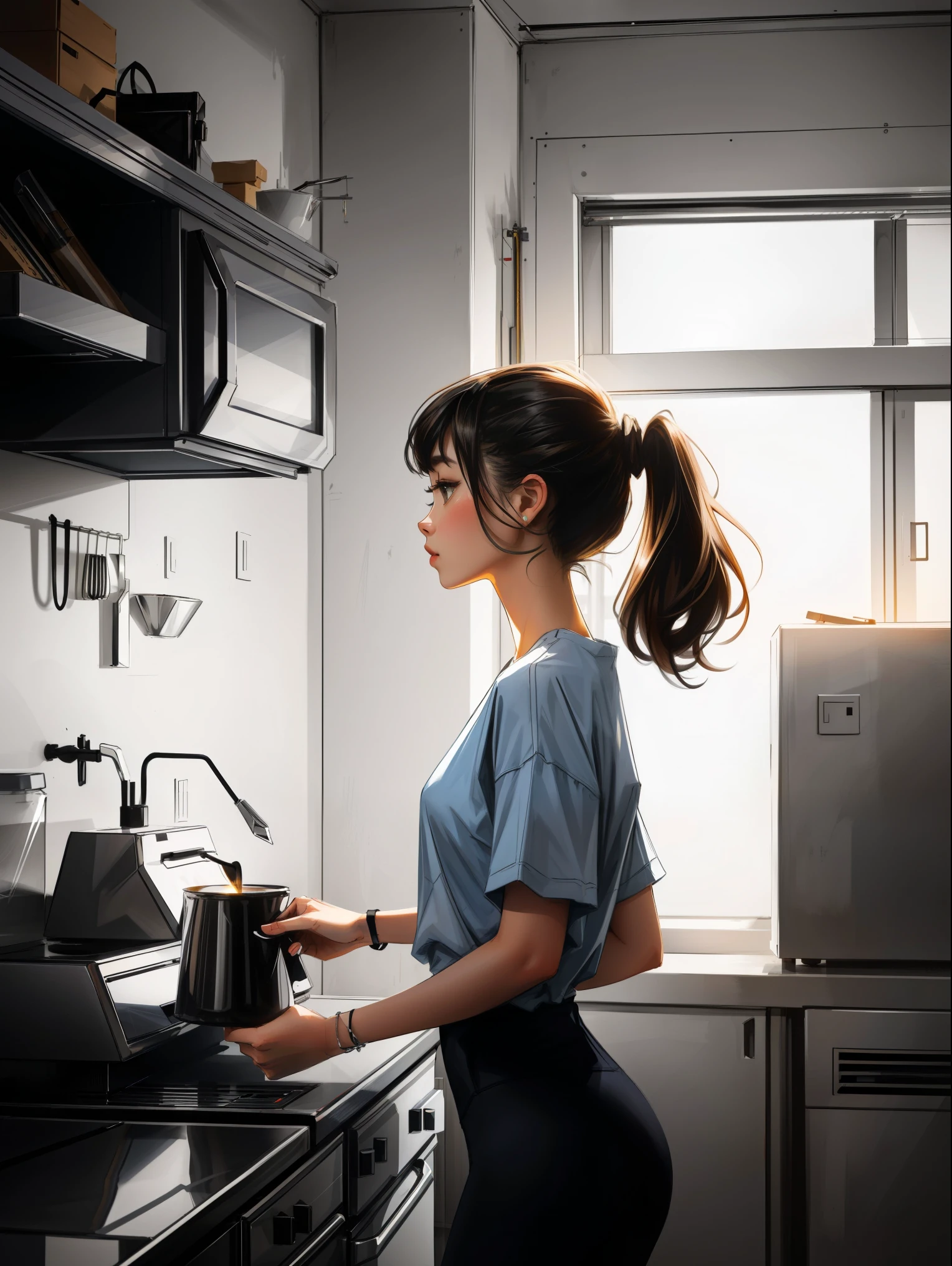 coffee 여성, realistic, high quality, kitchen, soft light, Natural and authentic, coffee, long brown ponytail hair,girl, coffee, Large coffee machine,Anime Female, realistic 성숙한 여성, Illustration, Anime Female은 coffee물을 끓인다,, beautiful, realistic 예술 스타일, realistic 애니메이션 아트 스타일, realistic 애니메이션 아트 스타일, Ilya Kuvshinov with long hair, in anime style, 신비한 kitchen 앞 여성(masterpiece:1.4), (best quality:1.4),Woman wearing tight sportswear,vivid colors, soft focus, light leak, dreamy atmosphere, experimental charm, Retro charm break color field painting, various colors, abstract expressionism, Bold colors, emotional impact, atmospheric depth, MINIMALIST APPROACH BREAK, beautiful 여인, UHD (ultra detail) viewers who see it.., different, fancy, Long hair dyed brown tied back 🌈, leggings clothing, White stardust in dark areas, absurd, high resolution, very detailed, (1 woman : ), vivid colors, soft focus, light leak,