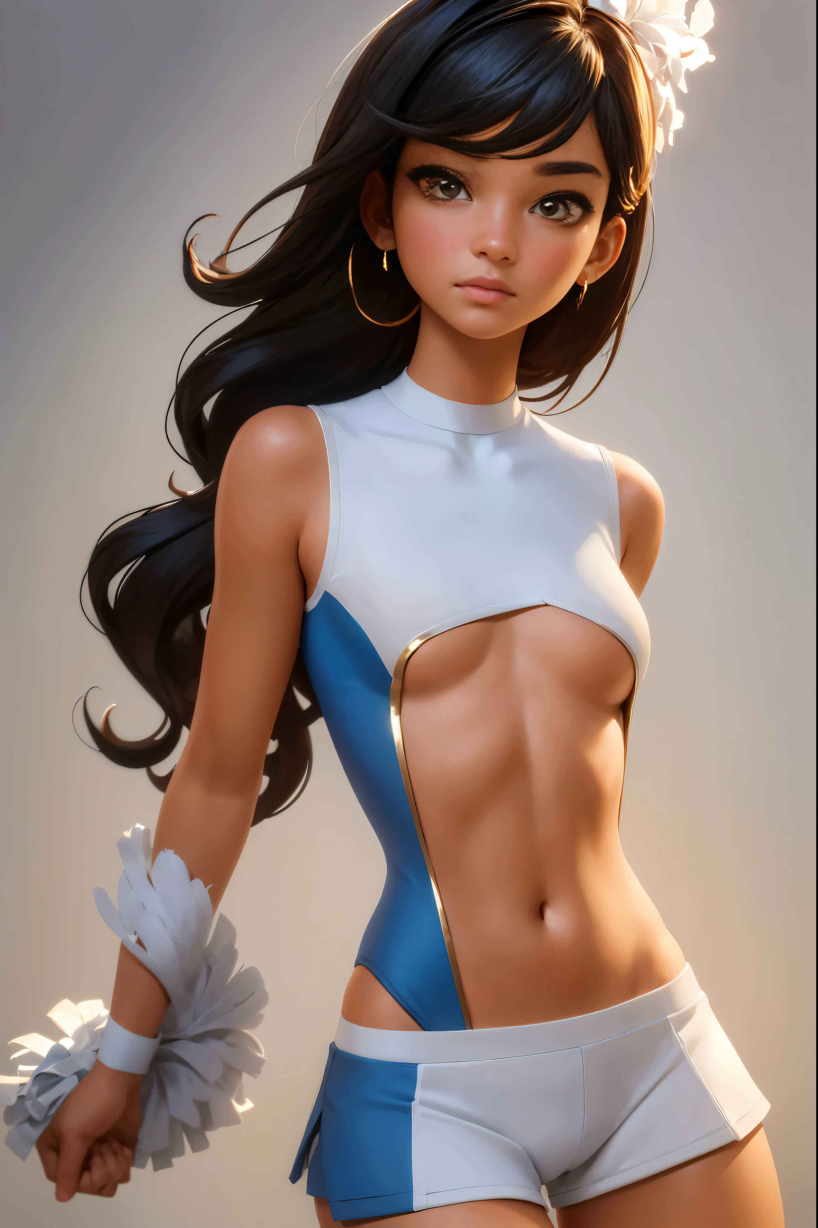 (((Masterpiece))), (Detailed), (Gold eyes), black hair, short, slim body, beautiful, perfect body, blue and white cheerleading outfit, soft body, perfect, medium hair length, bobbed haircut, cute, 18 year old girl, soft wavy hair, realistic, full lips, pink lip gloss