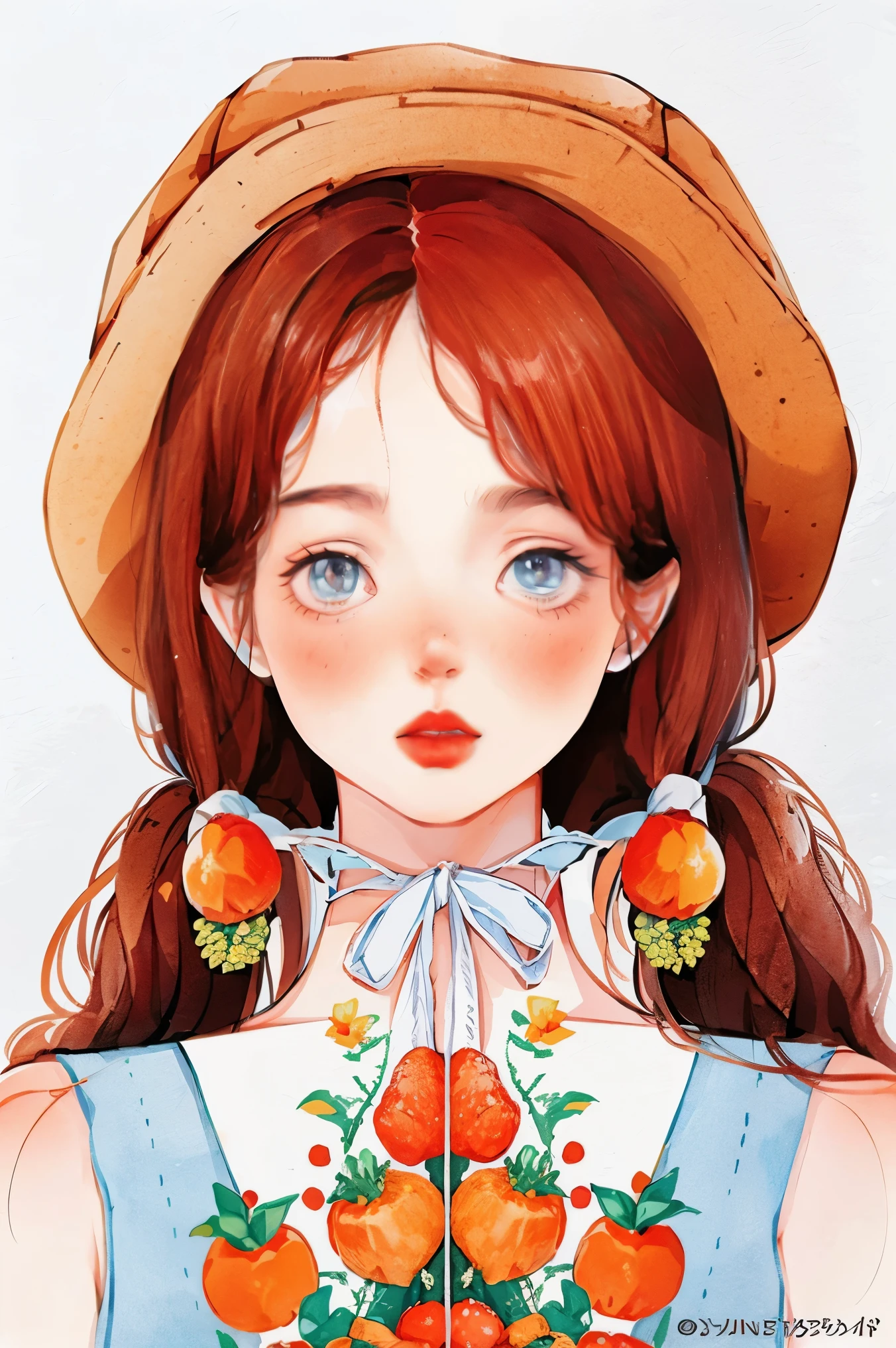 yxycolor,1girl, freckles, solo, brown hair, red headwear, twintails, white background, long hair, looking at viewer, fruit, hat, simple background, food, blue eyes, food print, upper body, parted lips, ribbon, portrait, white ribbon, traditional media, artist name