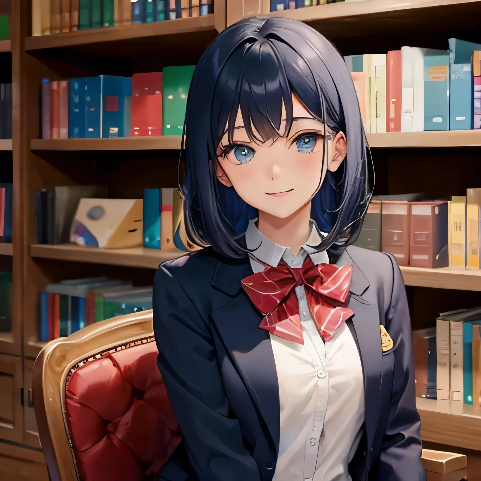1 high school girl alone blazer ribbon bob hair dark blue hair color library smile gently sit on a chair bookshelf