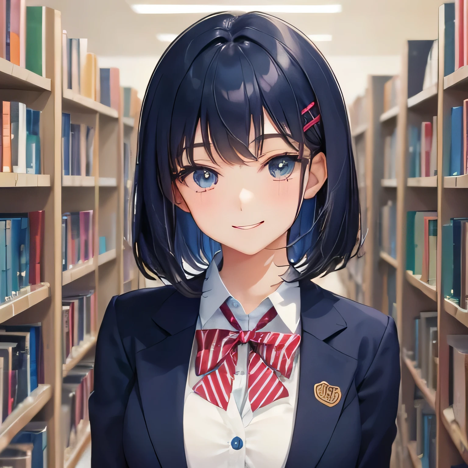 1 high school girl alone blazer ribbon bob hair dark blue hair color library smile gently walk
