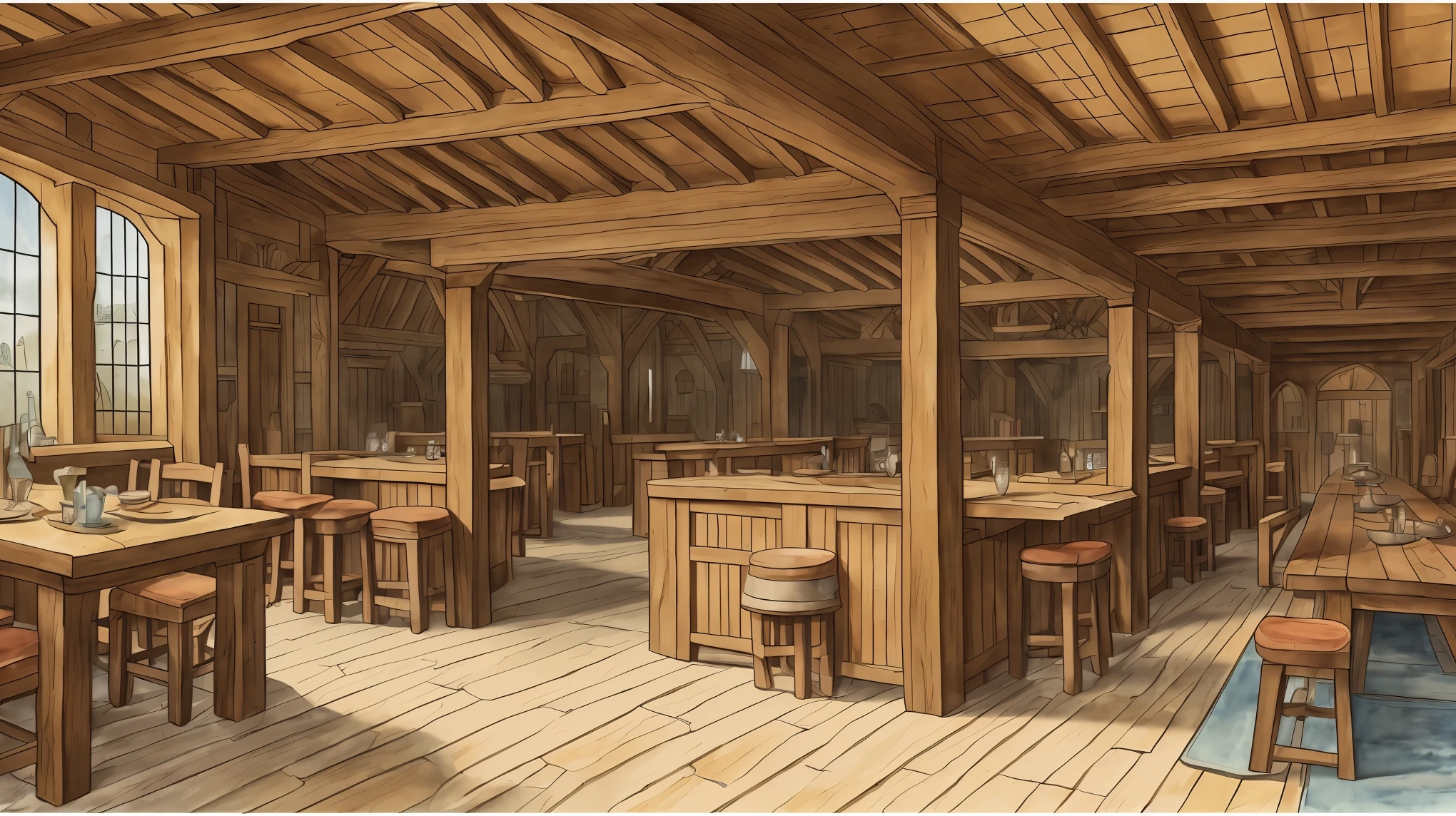 (medieval tavern),(pencil and watercolor),(background for a wall),(perspective,angle of view)。 Here is the Stable Diffusion prompt for the given theme, "A medieval tavern. A background for a wall. No people. Drawn with pencil and colored with watercolor. Fill in the background of the image. Consider the perspective and the angle of view.":