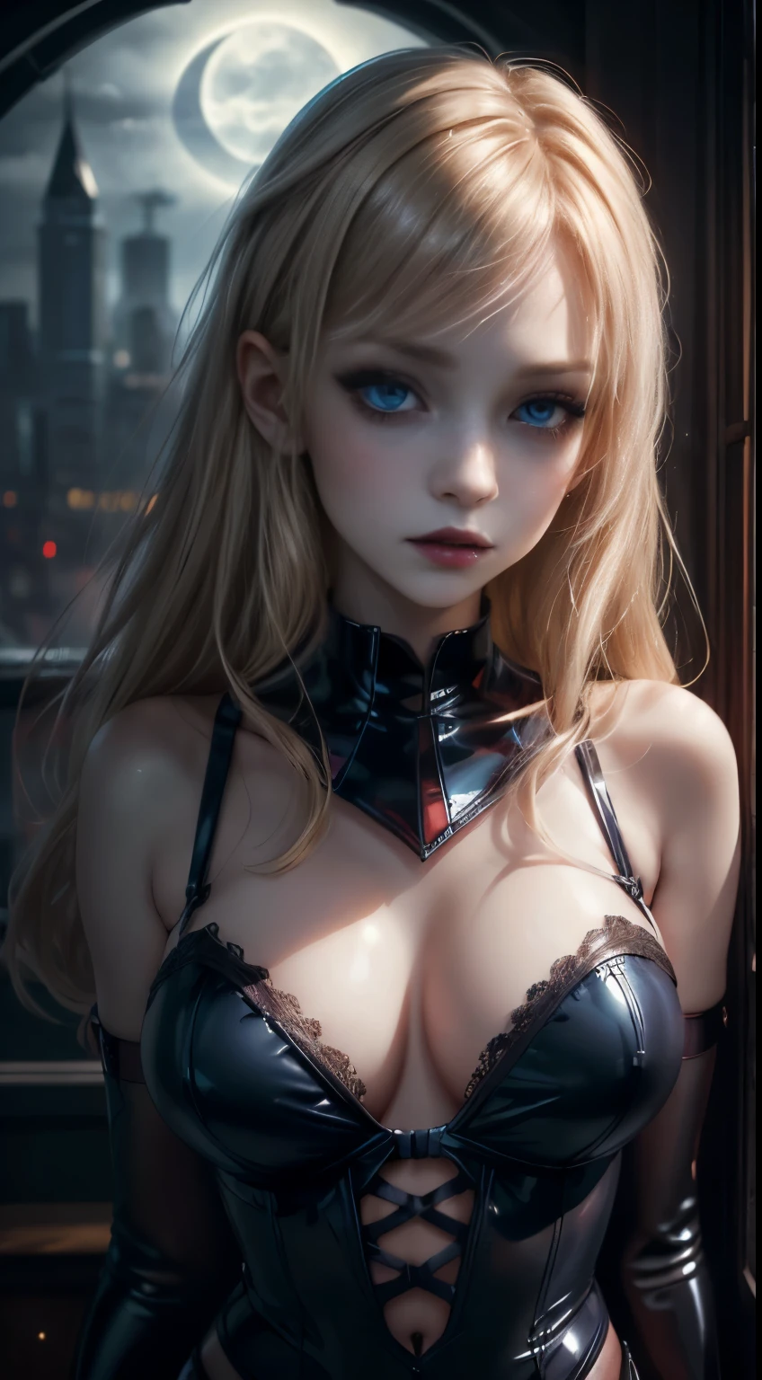 (masterpiece, best quality:1.4), solo, portrait of a cute girl, blonde, blue eyes, ((vampire, glowing latex, large breast:1.5, Red Latex Bralette and Garter Belt Lingerie Set)), (22 years old, :1.2), (subdued moonlight, backlighting, blurred night city landscape behind the window:1.1), skinny, 8k, extremely detailed face and eyes, (underwear:0.9), emotionless face, (pale skin, gothic make-up:1.15), nsfw
