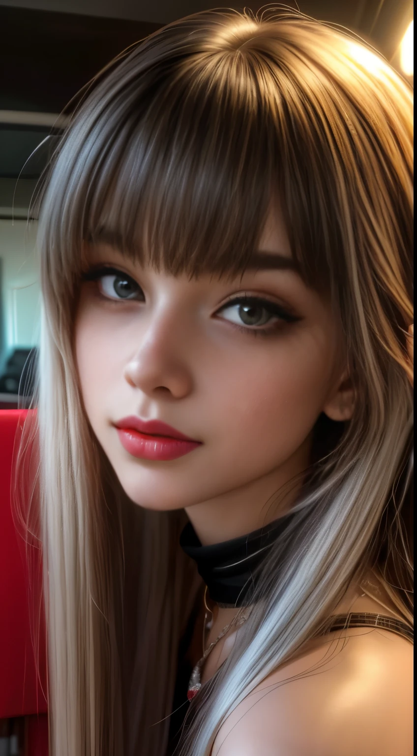 1closeup of an 18 year old girl ((AMERICAN)), ((long straight hair with bangs)), smiling,((with wild messy hair)),( fleshy lips) big eyes, freckles on her face, red lipstick, (piercing on the lip), necklace, earring, and makeup, Angle of the face up close, Looking at camera