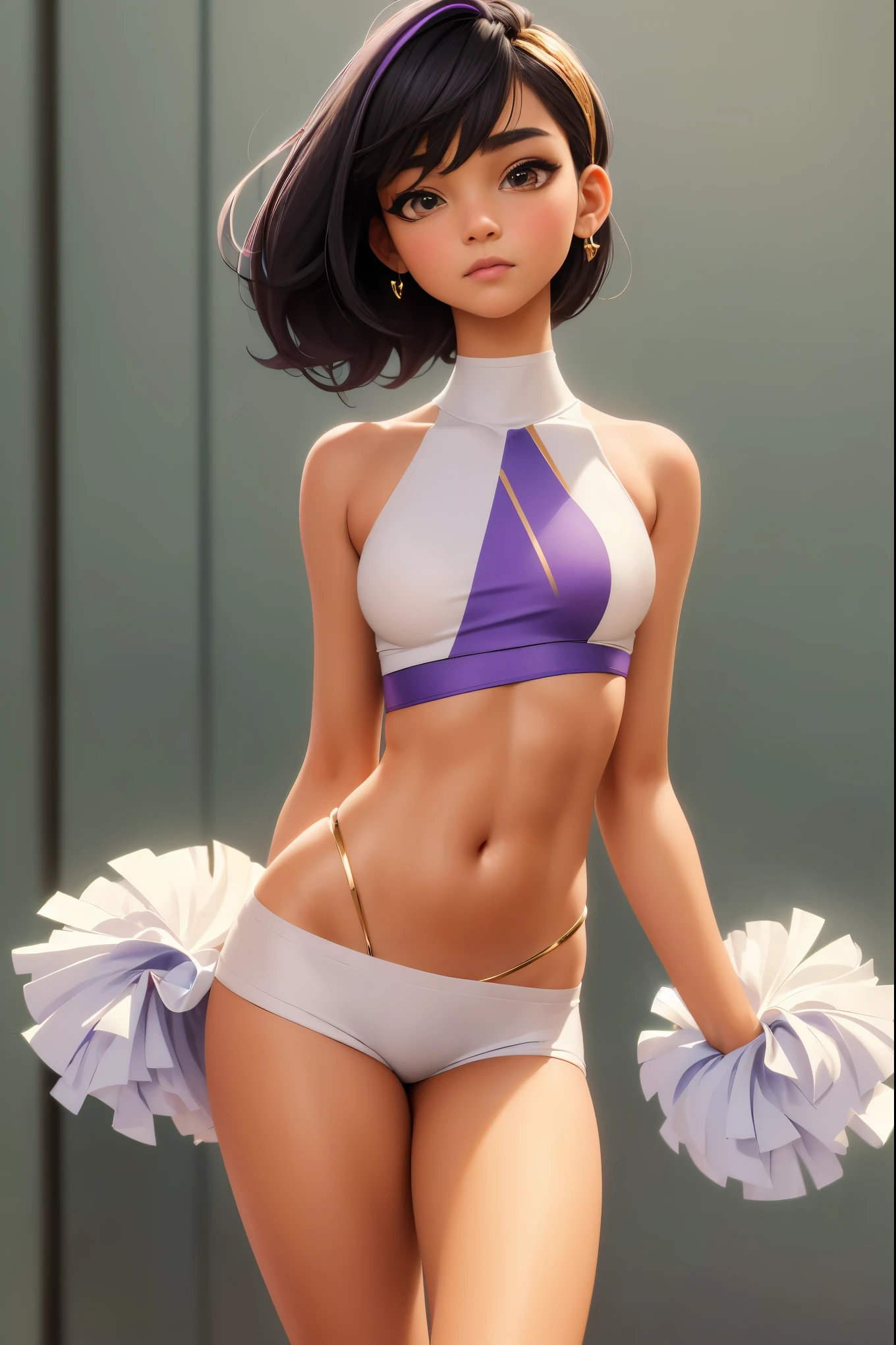 (((Masterpiece))), (Detailed), (Gold eyes), black hair, short, slim body, beautiful, perfect body, blue and white cheerleading outfit, soft body, perfect, medium hair length,(purple highlights [pixie undercut]), cute, 18 year old girl, soft wavy hair, realistic, full lips, pink lip gloss