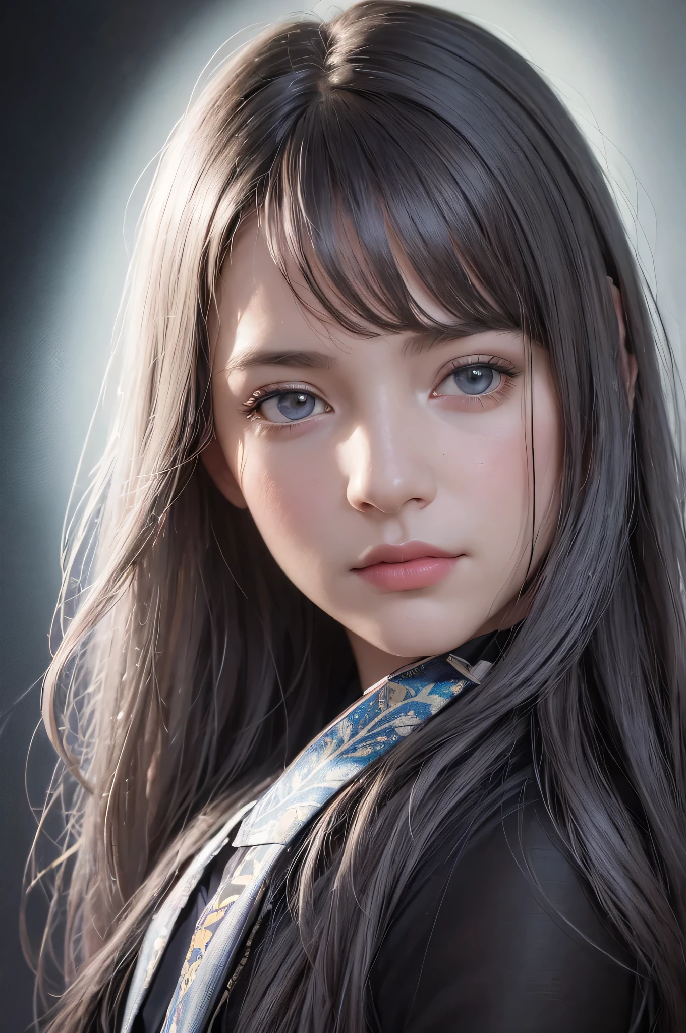 (front focus), (in the darkness:1.6), Surrealist portraits of women by David Hockney and Alphonse Mucha, fantasy art, photorealistic, Dynamic lighting, art station, poster, Volumetric lighting, Highly detailed face, 4k, Awards, 1 girl, in the darkness, deep shadow, discreet key, Cowboy shooting, (official uniform:1.4), long hair, white hair