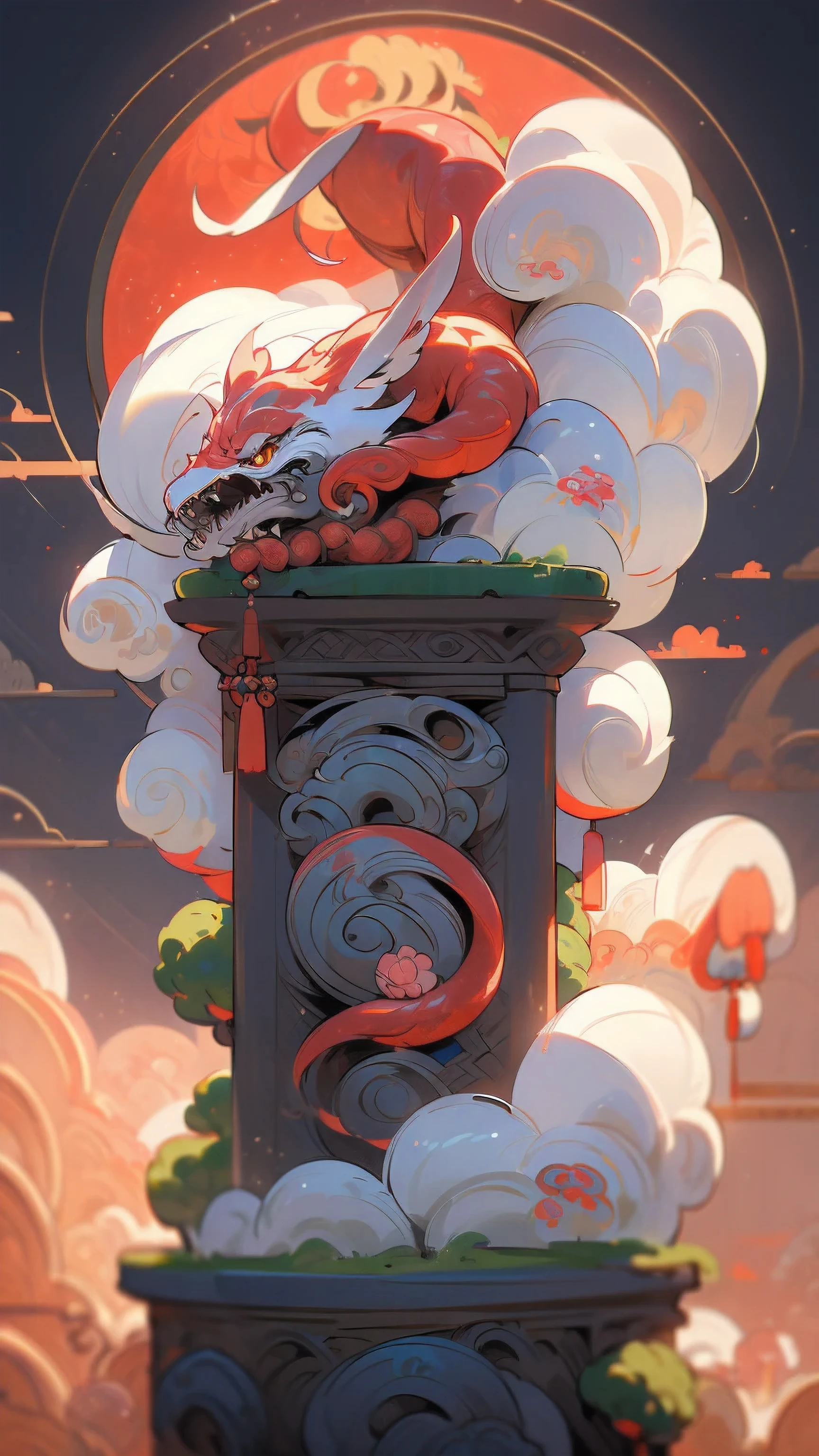 (best quality,4k,high resolution,masterpiece:1.2),Super detailed,actual,photoactual:1.37,Chinese dragon coiled around the center stone pillar, bright colors, Against the backdrop of towering mountains and lightning