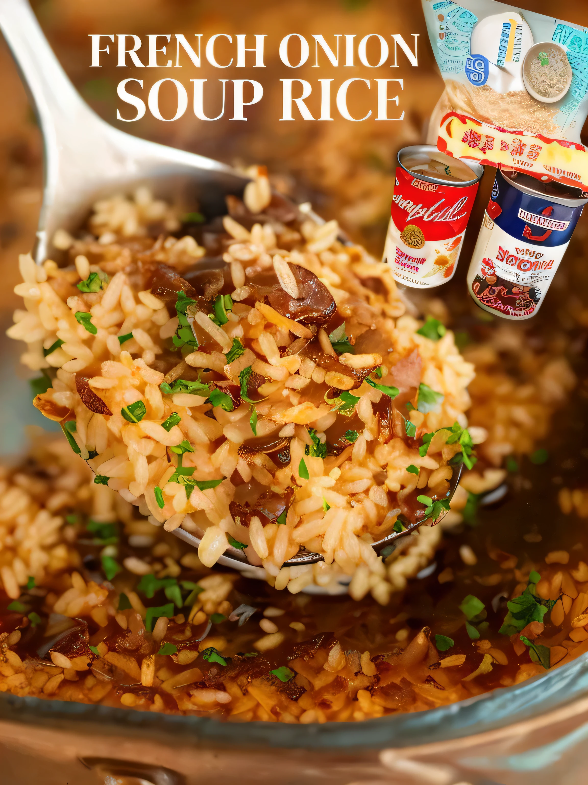 spoon full of rice with a can of soup in the background, campbell's soup can, soup, ❤🔥🍄🌪, 🌻🎹🎼, “hyper realistic, recipe, 🕹️ 😎 🔫 🤖 🚬, crispy, exquisitely ornate, ”ultra realistic, inspired by Suzy Rice, sploch, in style of campbell addy, hyper realistic”