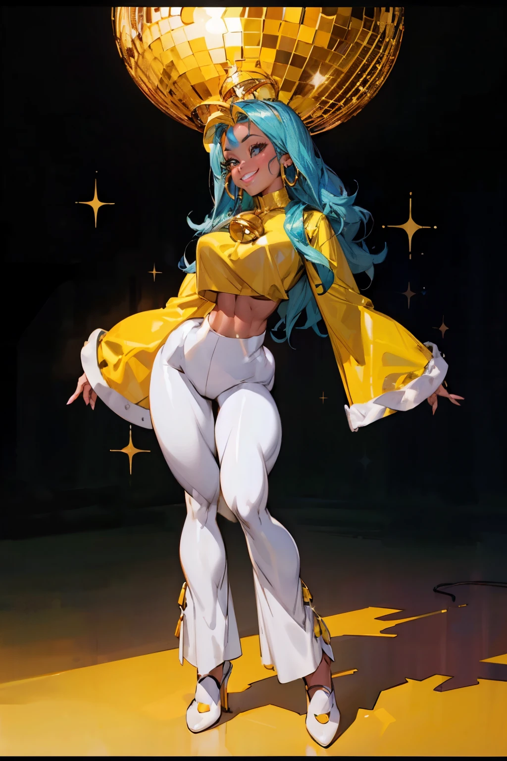 1 young female , smile, dark skin tone, afro hair, a pair of sparkly bell-bottoms, a white blouse, yellow and cyan tone, 1970s, huge ear ring, Bell-bottoms, flares, Disco Mirror Ball,
analog style (35mmstyle:1.1), masterpiece, , cinematic lighting, (photorealistic:1.3), (film grain), film noise, kodak proimage 100, depth of field , bokeh